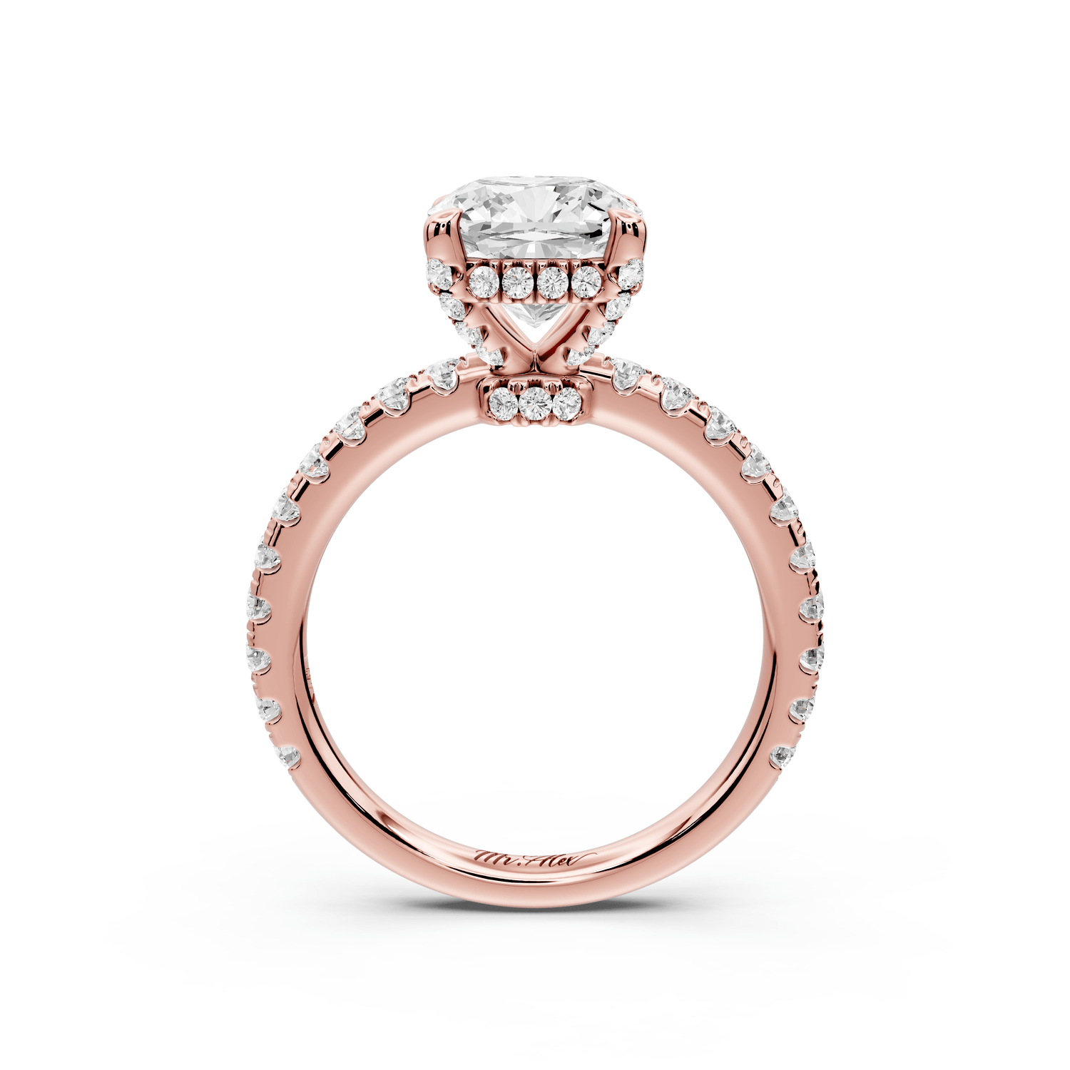 Jade - 2ct 18k rose gold cushion hidden halo diamond crown and bridge pavé engagement ring - Mr. Alex Jewelry