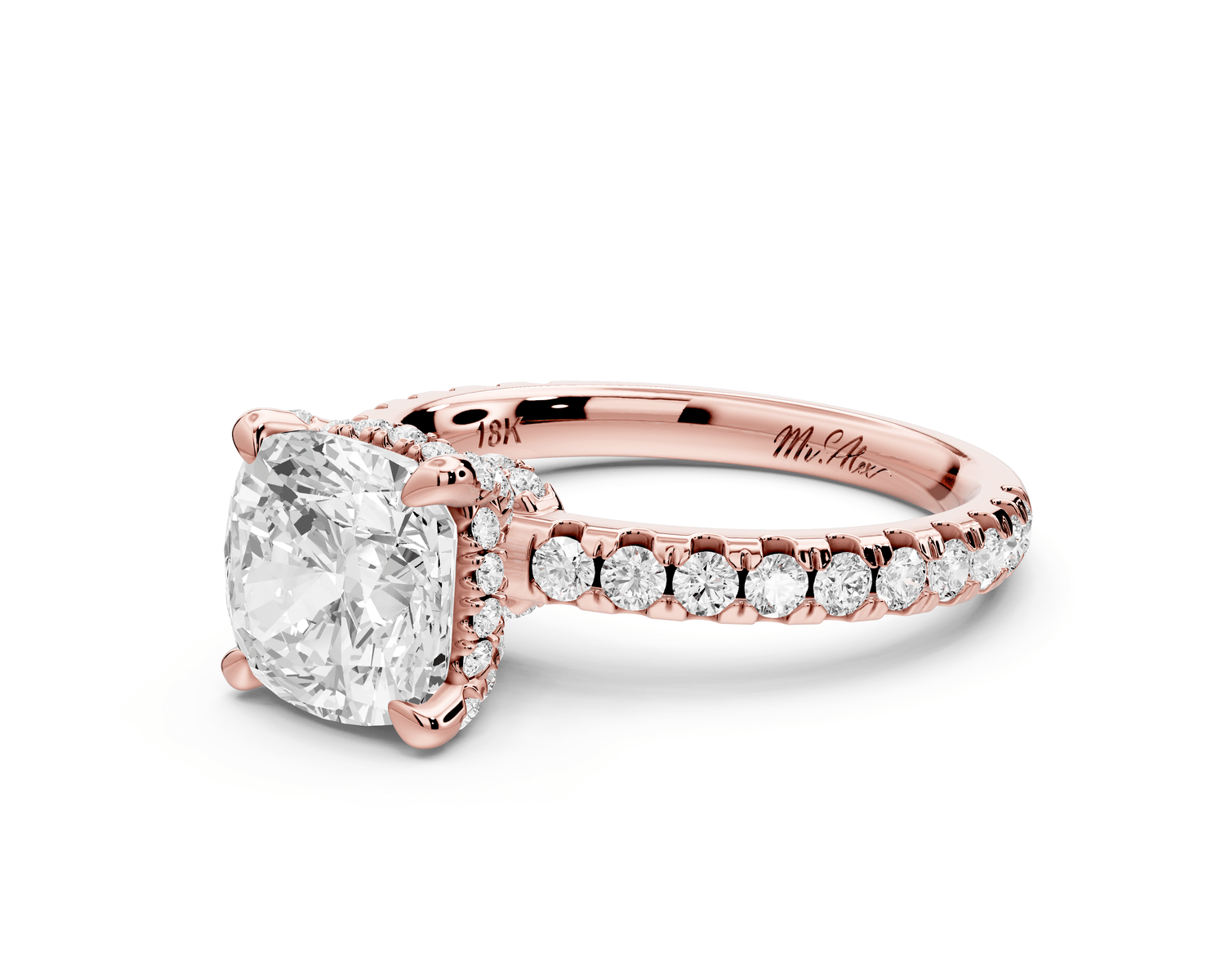Jade - 2ct 18k rose gold cushion hidden halo diamond crown and bridge pavé engagement ring - Mr. Alex Jewelry