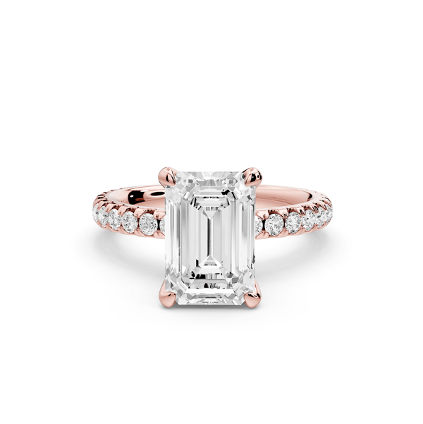 Jade - 2ct 18k rose gold emerald hidden halo diamond crown and bridge pavé engagamnet ring - Mr. Alex Jewelry