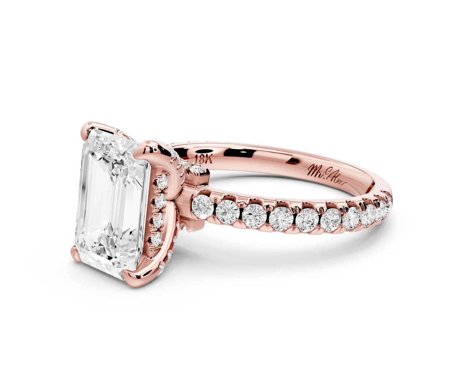 Jade - 2ct 18k rose gold emerald hidden halo diamond crown and bridge pavé engagamnet ring - Mr. Alex Jewelry