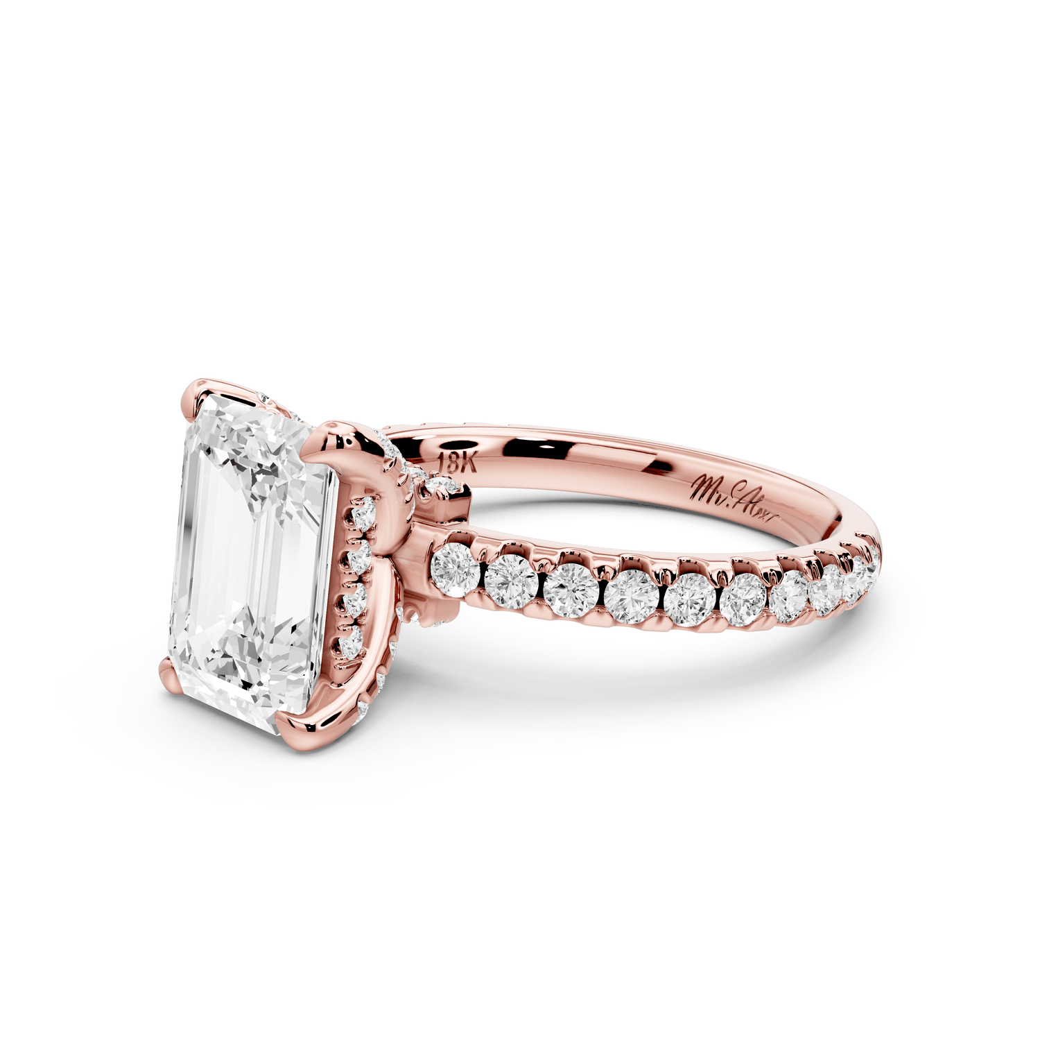 Jade - 2ct 18k rose gold emerald hidden halo diamond crown and bridge pavé engagamnet ring - Mr. Alex Jewelry