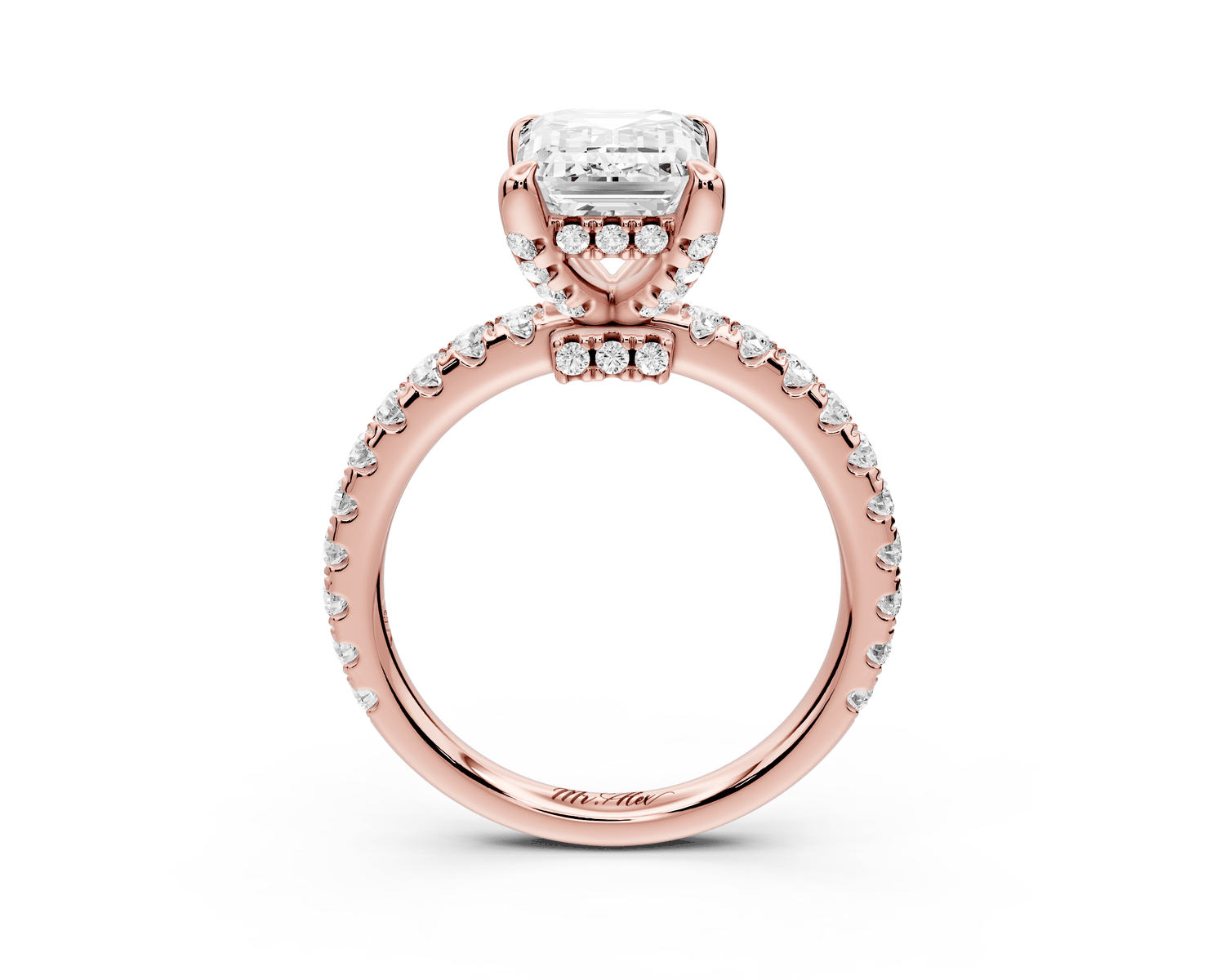 Jade - 2ct 18k rose gold emerald hidden halo diamond crown and bridge pavé engagamnet ring - Mr. Alex Jewelry