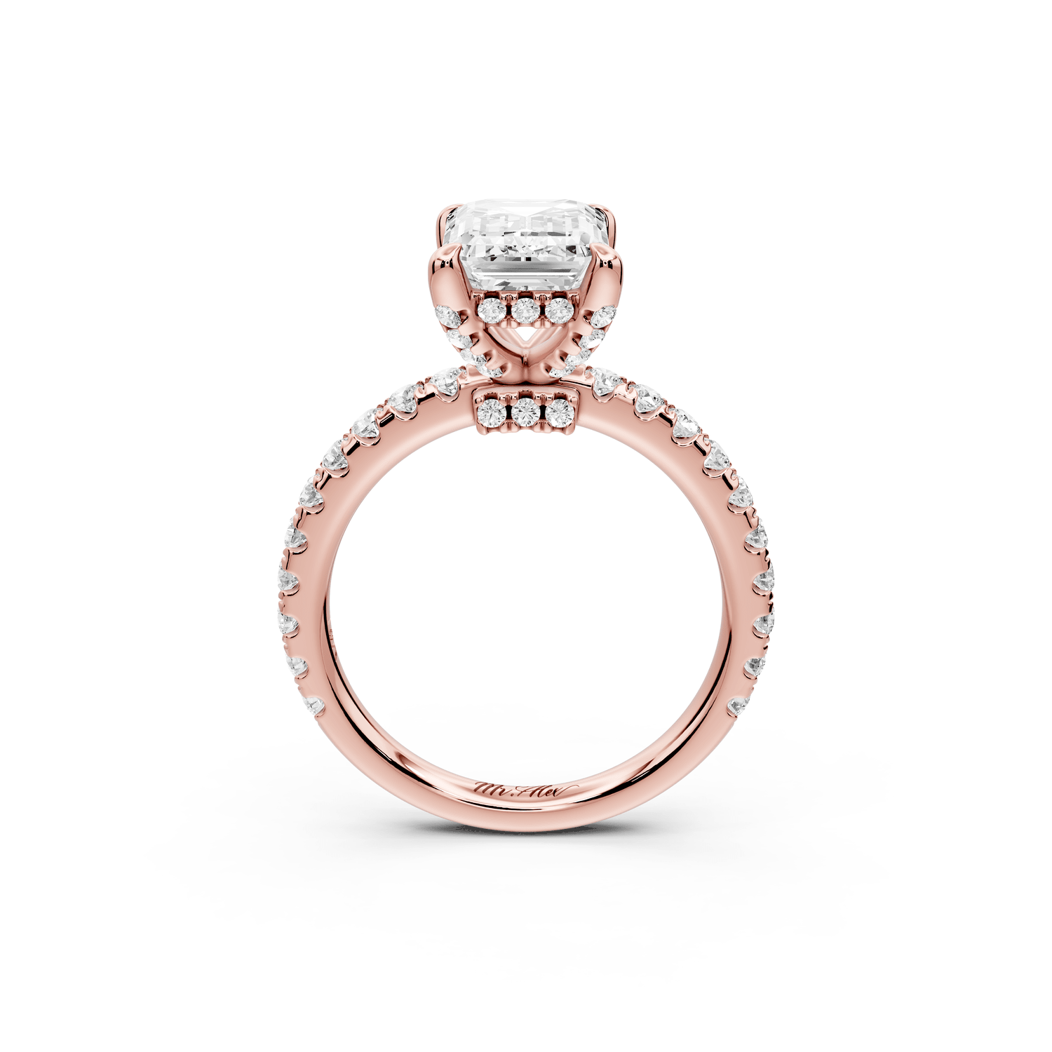 Jade - 2ct 18k rose gold emerald hidden halo diamond crown and bridge pavé engagamnet ring - Mr. Alex Jewelry