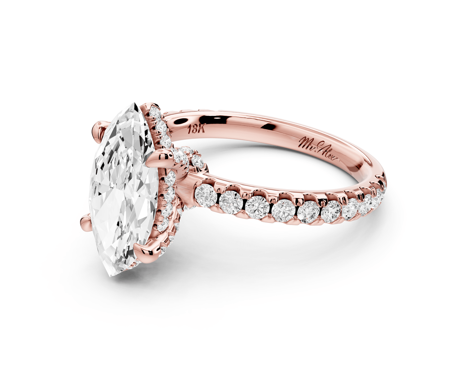 Jade - 2ct 18k rose gold marquise hidden halo diamond crown and bridge pavé engagement ring - Mr. Alex Jewelry