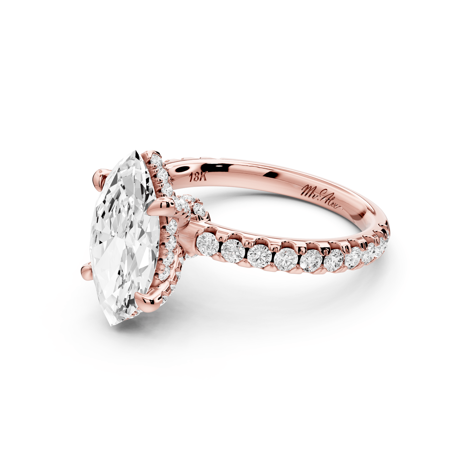 Jade - 2ct 18k rose gold marquise hidden halo diamond crown and bridge pavé engagement ring - Mr. Alex Jewelry