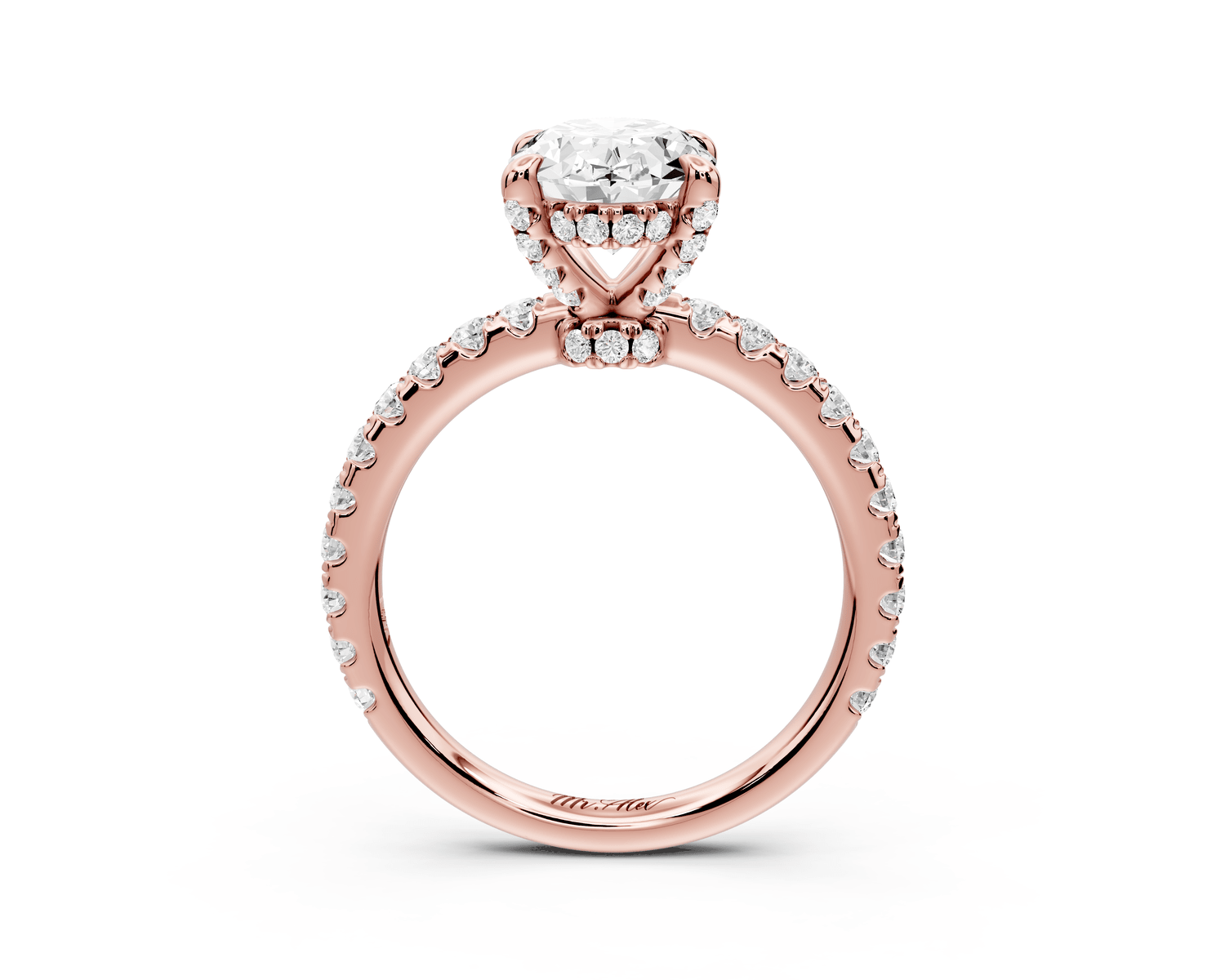 Jade - 2ct 18k rose gold oval hidden halo diamond crown and bridge pavé engagamnet ring - Mr. Alex Jewelry