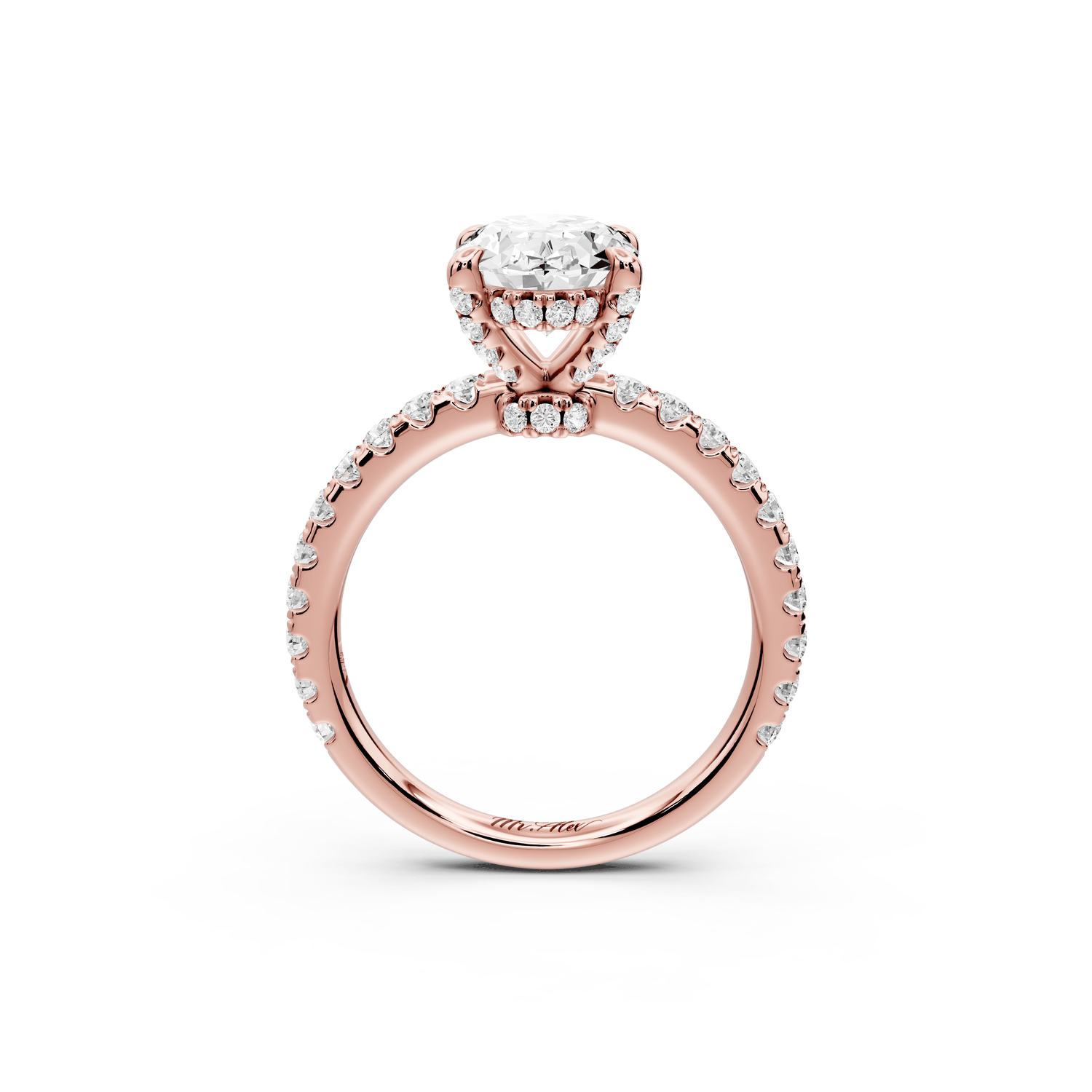 Jade - 2ct 18k rose gold oval hidden halo diamond crown and bridge pavé engagamnet ring - Mr. Alex Jewelry