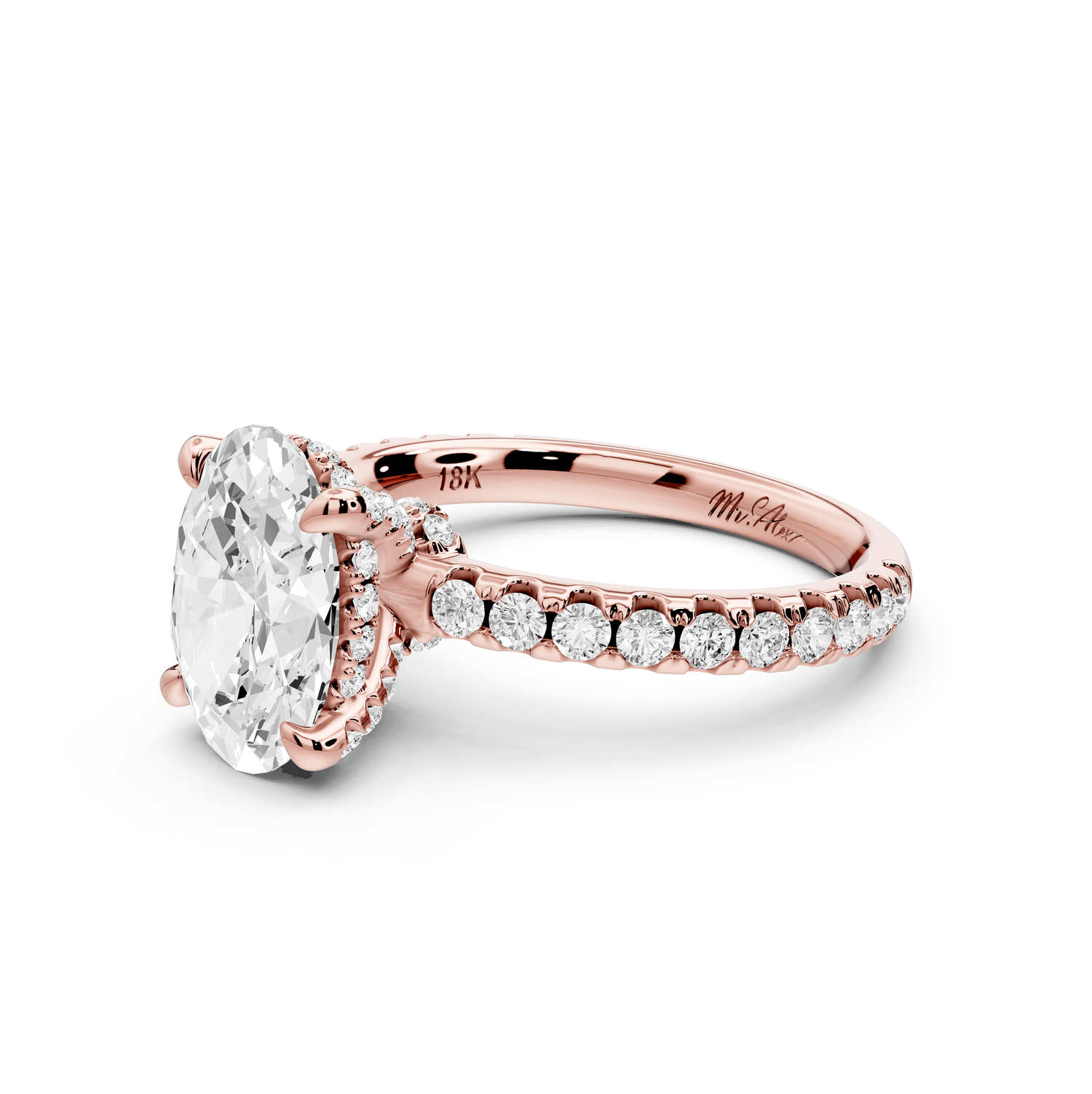 Jade - 2ct 18k rose gold oval hidden halo diamond crown and bridge pavé engagamnet ring - Mr. Alex Jewelry