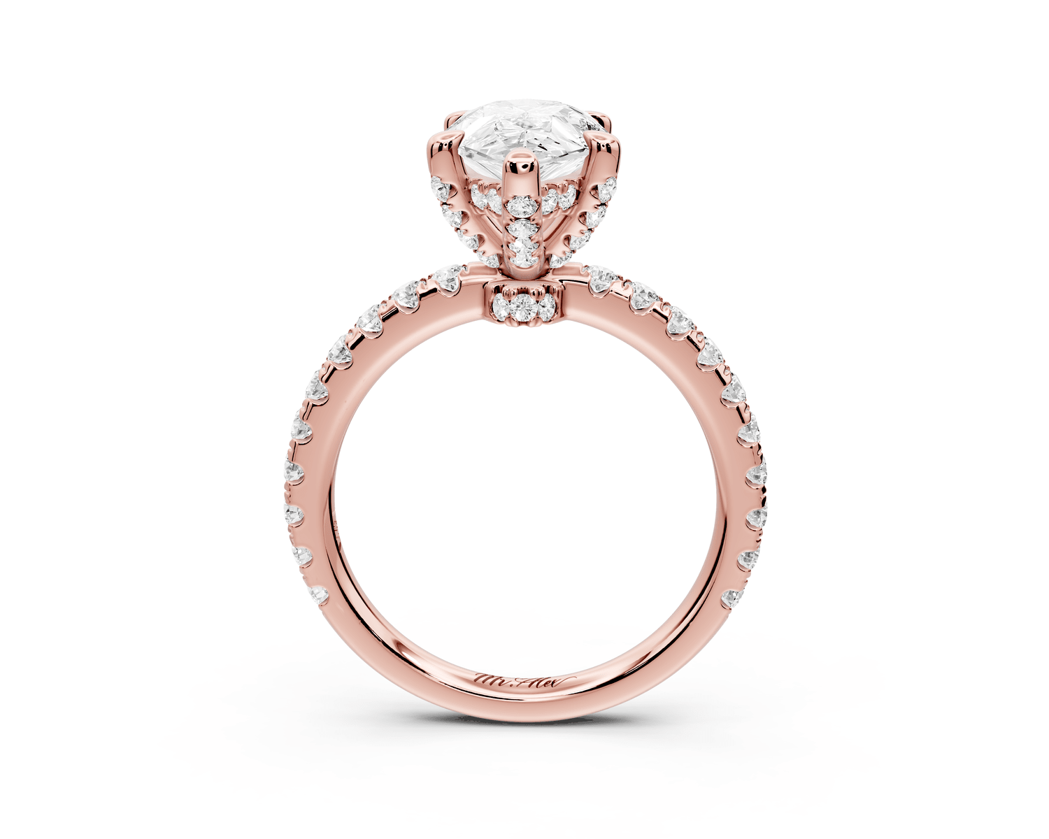 Jade - 2ct 18k rose gold pear hidden halo diamond crown and bridge pavé engagamnet ring - Mr. Alex Jewelry