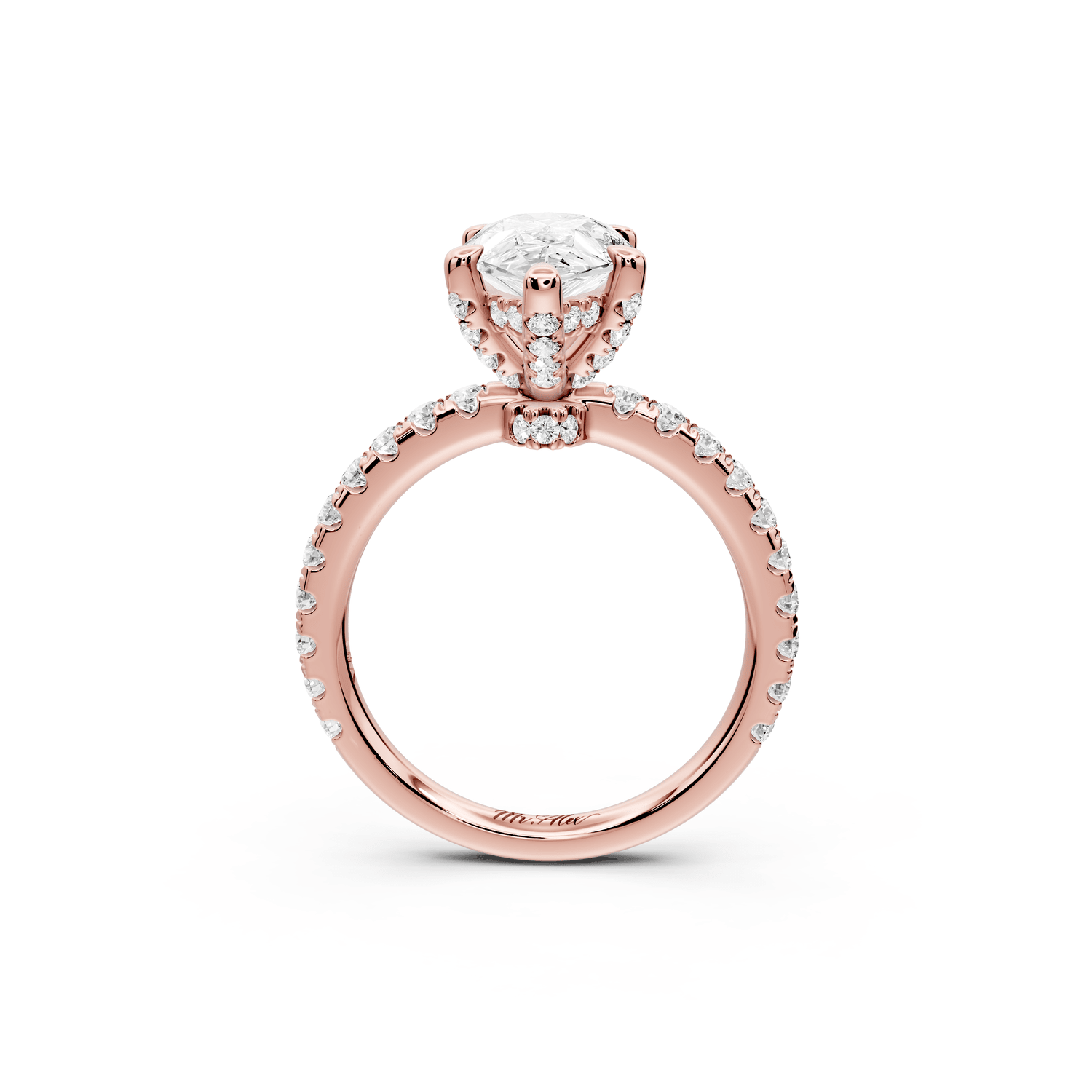 Jade - 2ct 18k rose gold pear hidden halo diamond crown and bridge pavé engagamnet ring - Mr. Alex Jewelry