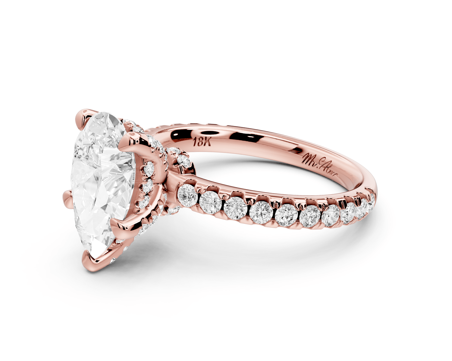 Jade - 2ct 18k rose gold pear hidden halo diamond crown and bridge pavé engagamnet ring - Mr. Alex Jewelry