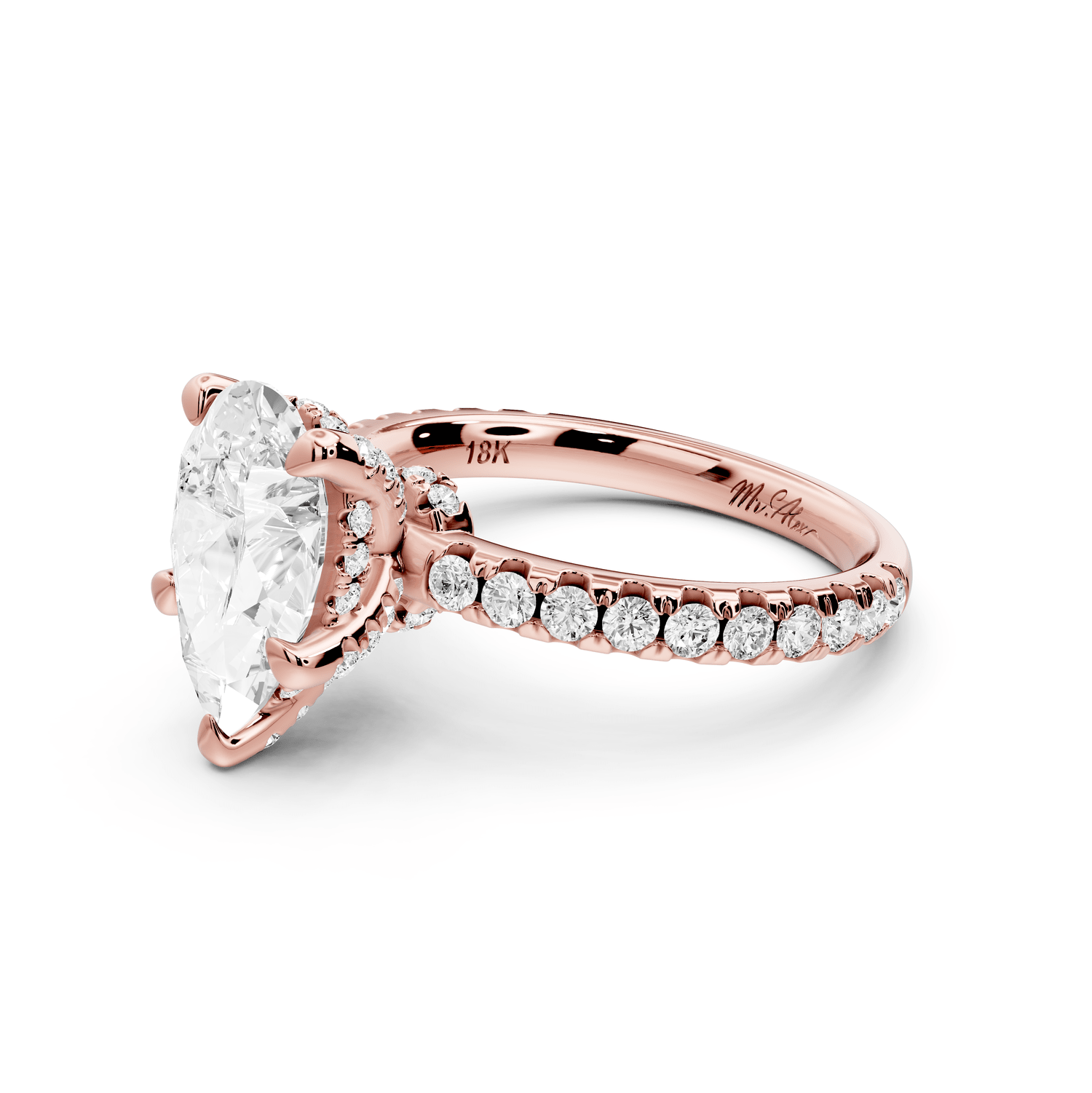 Jade - 2ct 18k rose gold pear hidden halo diamond crown and bridge pavé engagamnet ring - Mr. Alex Jewelry