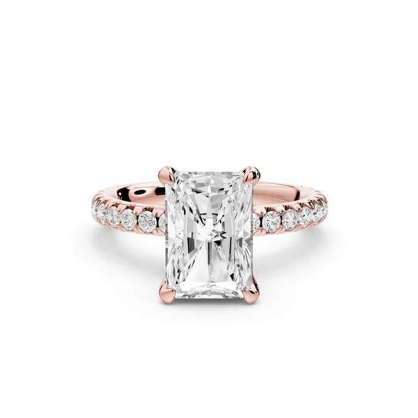 Jade - 2ct 18k rose gold radiant hidden halo diamond crown and bridge pavé engagement ring - Mr. Alex Jewelry