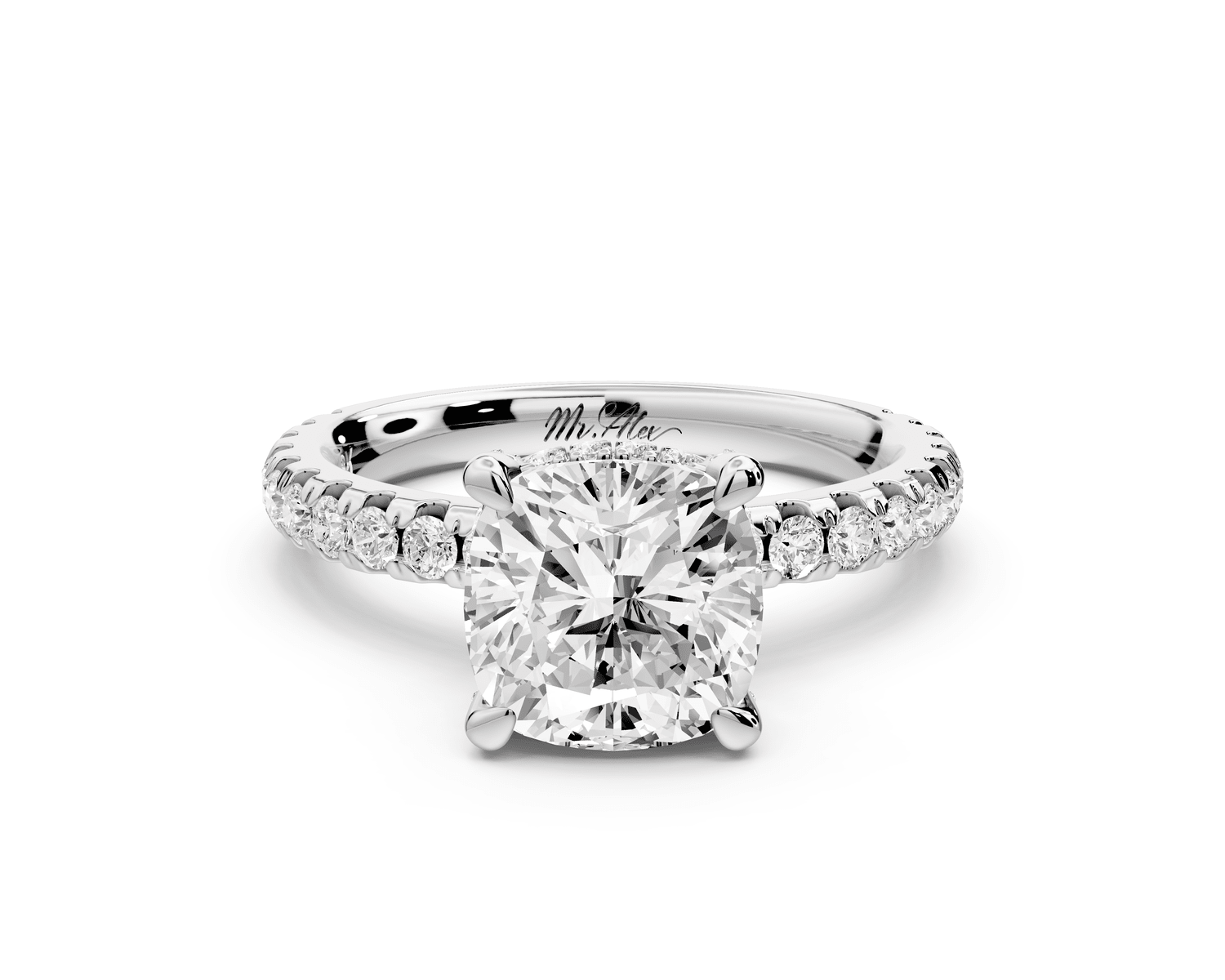 Jade - 2ct 18k white gold cushion hidden halo diamond crown and bridge pavé engagement ring - Mr. Alex Jewelry