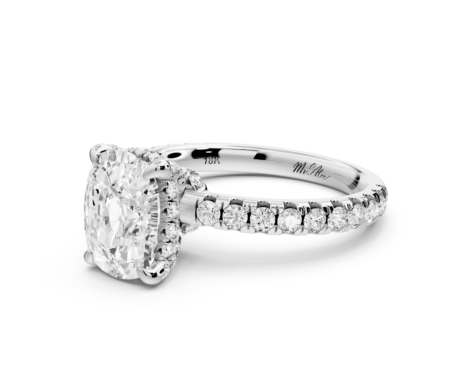 Jade - 2ct 18k white gold ecushion hidden halo diamond crown and bridge pavé engagement ring - Mr. Alex Jewelry