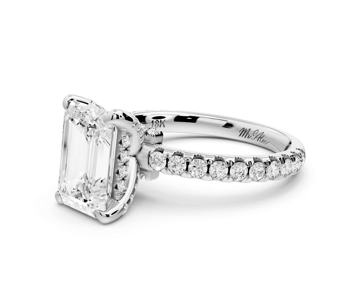 Jade - 2ct 18k white gold emerald hidden halo diamond crown and bridge pavé engagamnet ring - Mr. Alex Jewelry