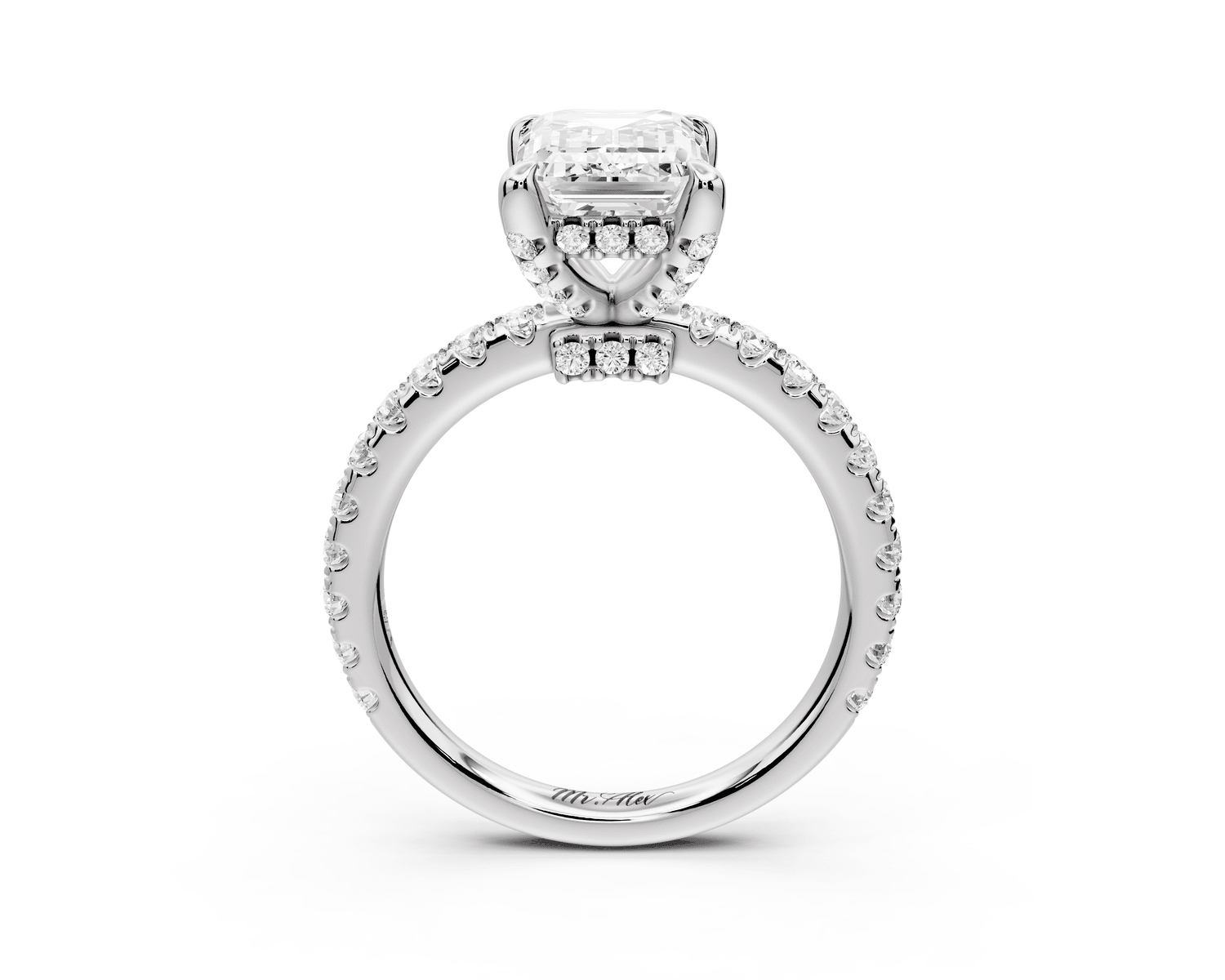 Jade - 2ct 18k white gold emerald hidden halo diamond crown and bridge pavé engagamnet ring - Mr. Alex Jewelry