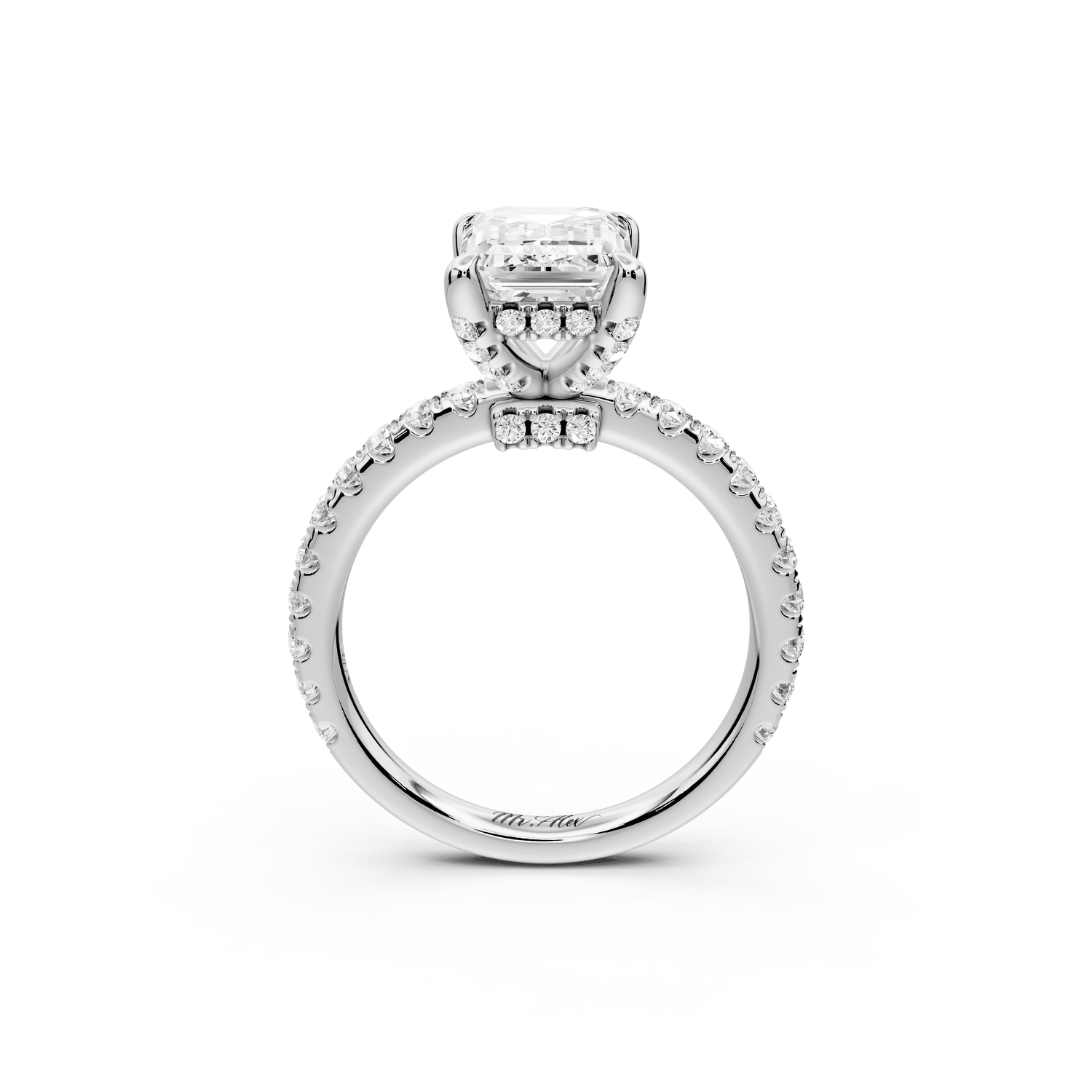 Jade - 2ct 18k white gold emerald hidden halo diamond crown and bridge pavé engagamnet ring - Mr. Alex Jewelry