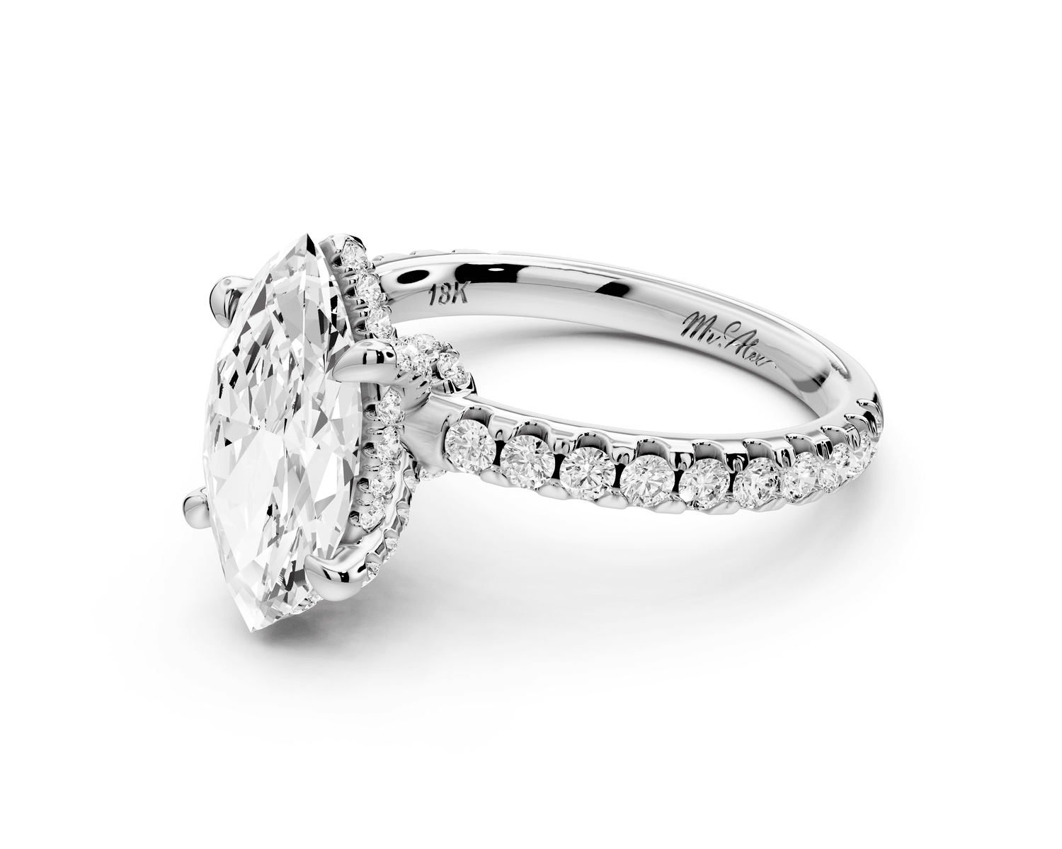 Jade - 2ct 18k white gold marquise hidden halo diamond crown and bridge pavé engagement ring - Mr. Alex Jewelry