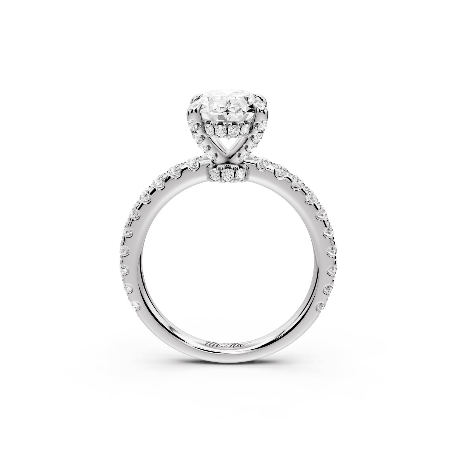 Jade - 2ct 18k white gold oval hidden halo diamond crown and bridge pavé engagamnet ring - Mr. Alex Jewelry