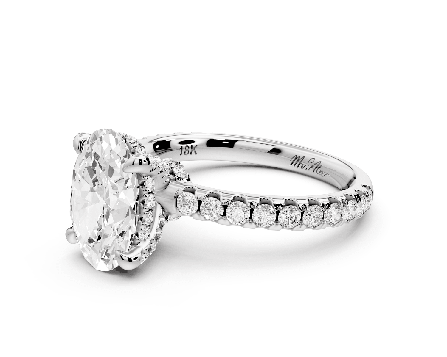 Jade - 2ct 18k white gold oval hidden halo diamond crown and bridge pavé engagamnet ring - Mr. Alex Jewelry