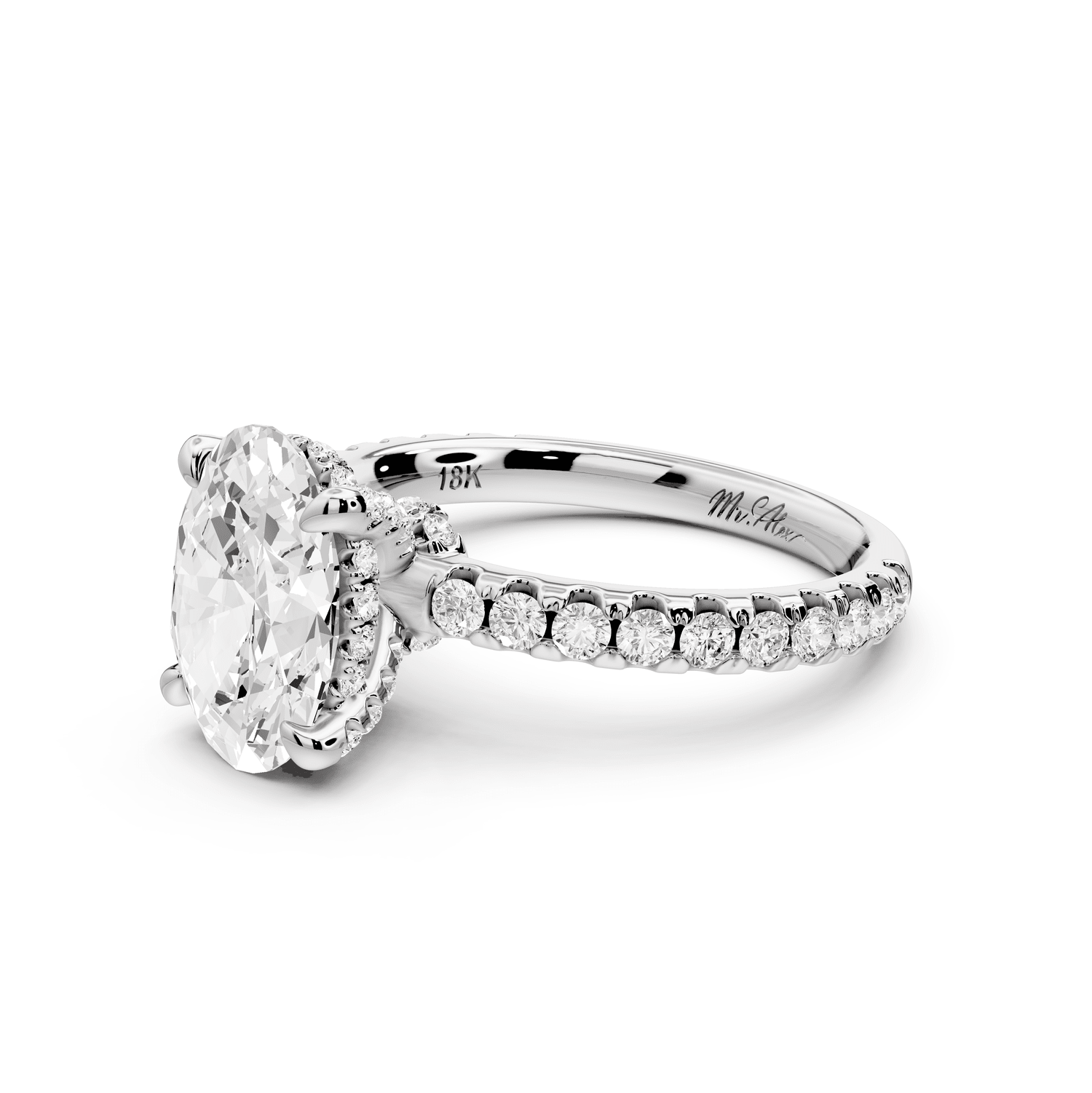 Jade - 2ct 18k white gold oval hidden halo diamond crown and bridge pavé engagamnet ring - Mr. Alex Jewelry
