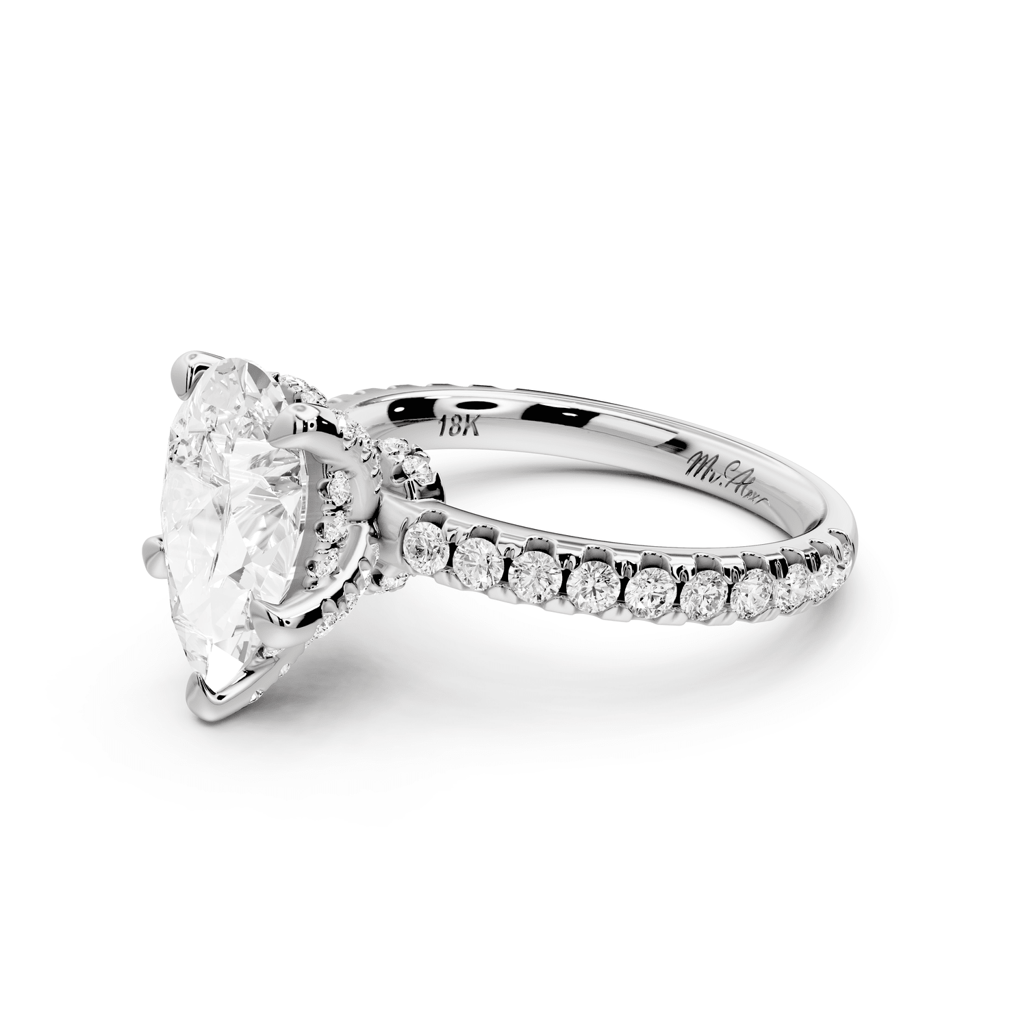 Jade - 2ct 18k white gold pear hidden halo diamond crown and bridge pavé engagamnet ring - Mr. Alex Jewelry