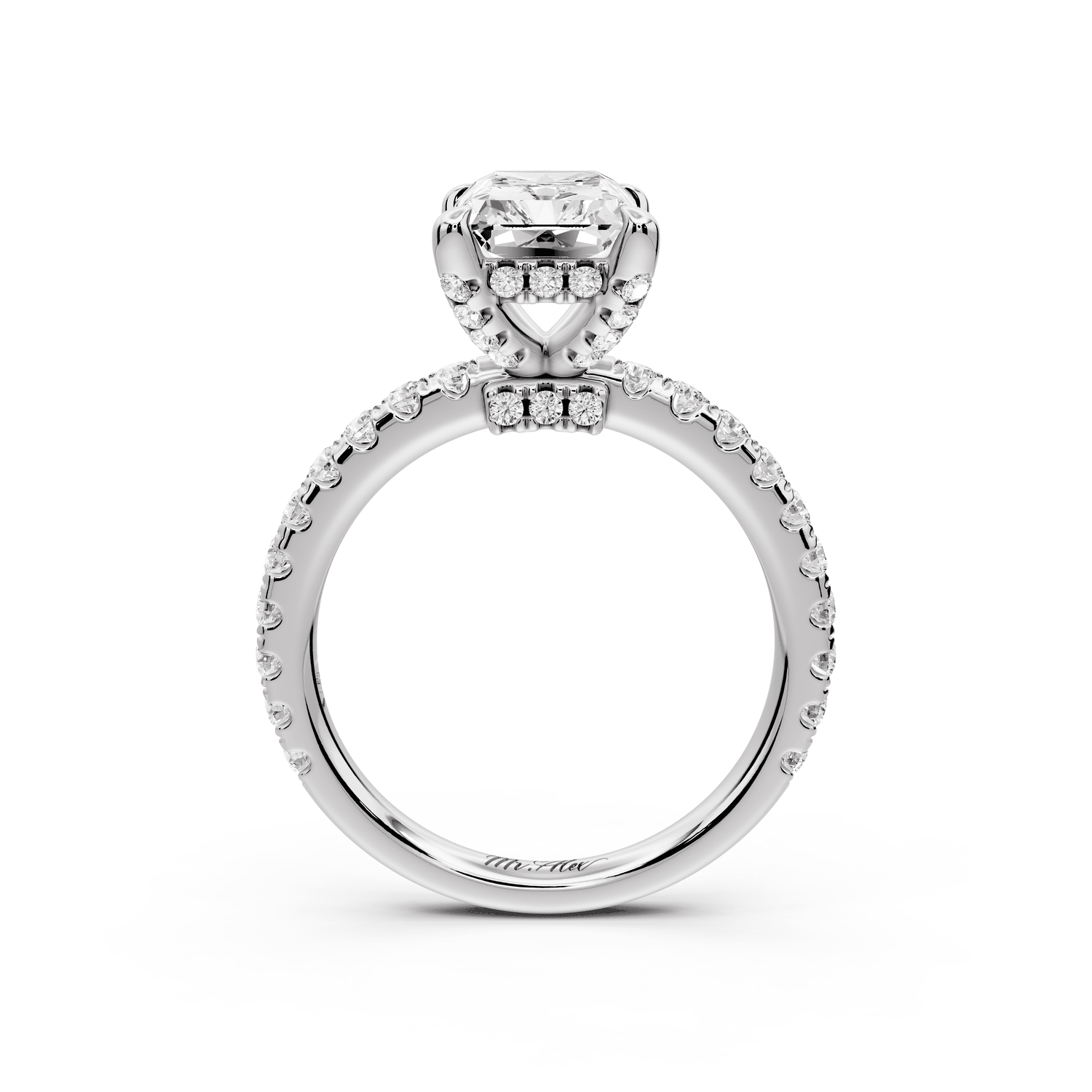 Jade - 2ct 18k white gold radiant hidden halo diamond crown and bridge pavé engagement ring - Mr. Alex Jewelry