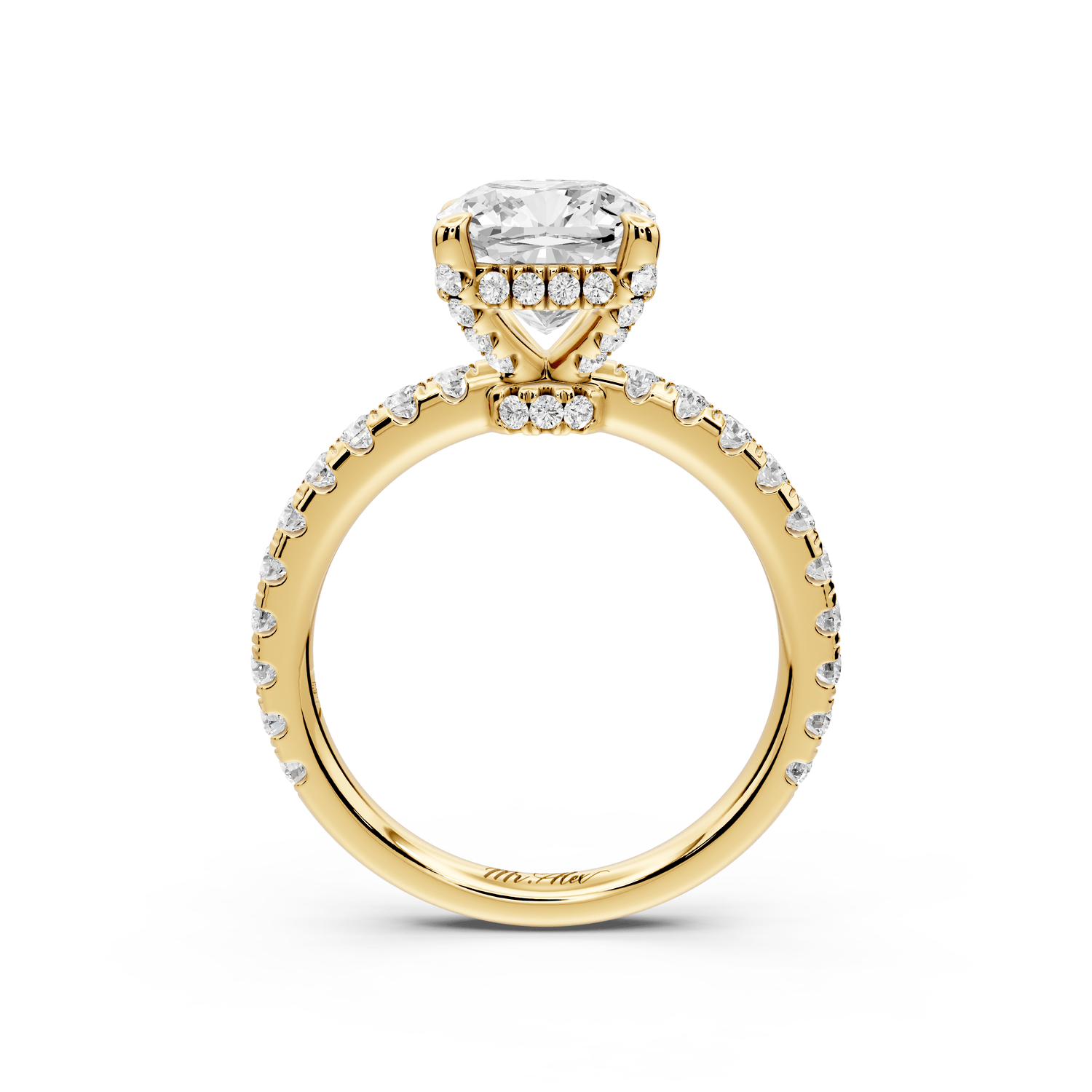 Jade - 2ct 18k yellow gold cushion hidden halo diamond crown and bridge pavé engagement ring - Mr. Alex Jewelry