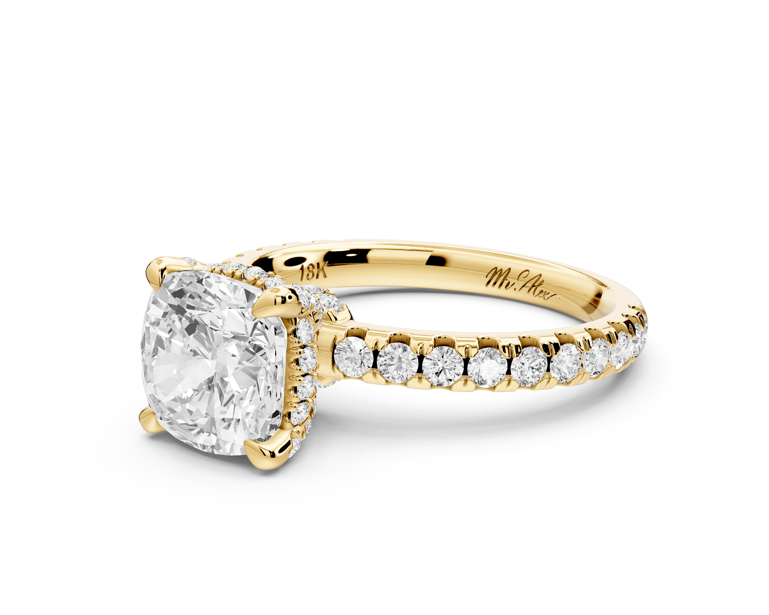 Jade - 2ct 18k yellow gold cushion hidden halo diamond crown and bridge pavé engagement ring - Mr. Alex Jewelry