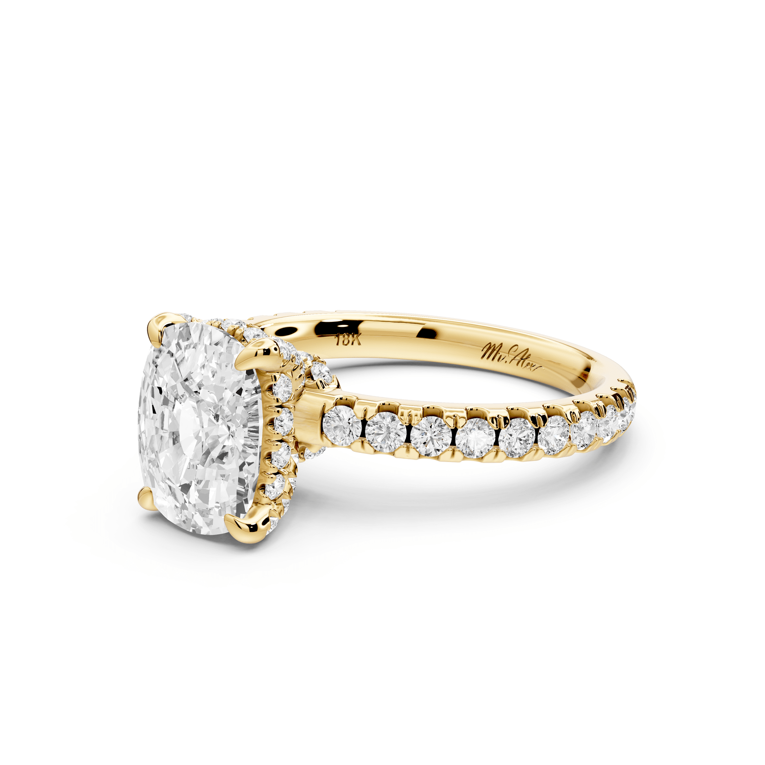 Jade - 2ct 18k yellow gold ecushion hidden halo diamond crown and bridge pavé engagement ring - Mr. Alex Jewelry