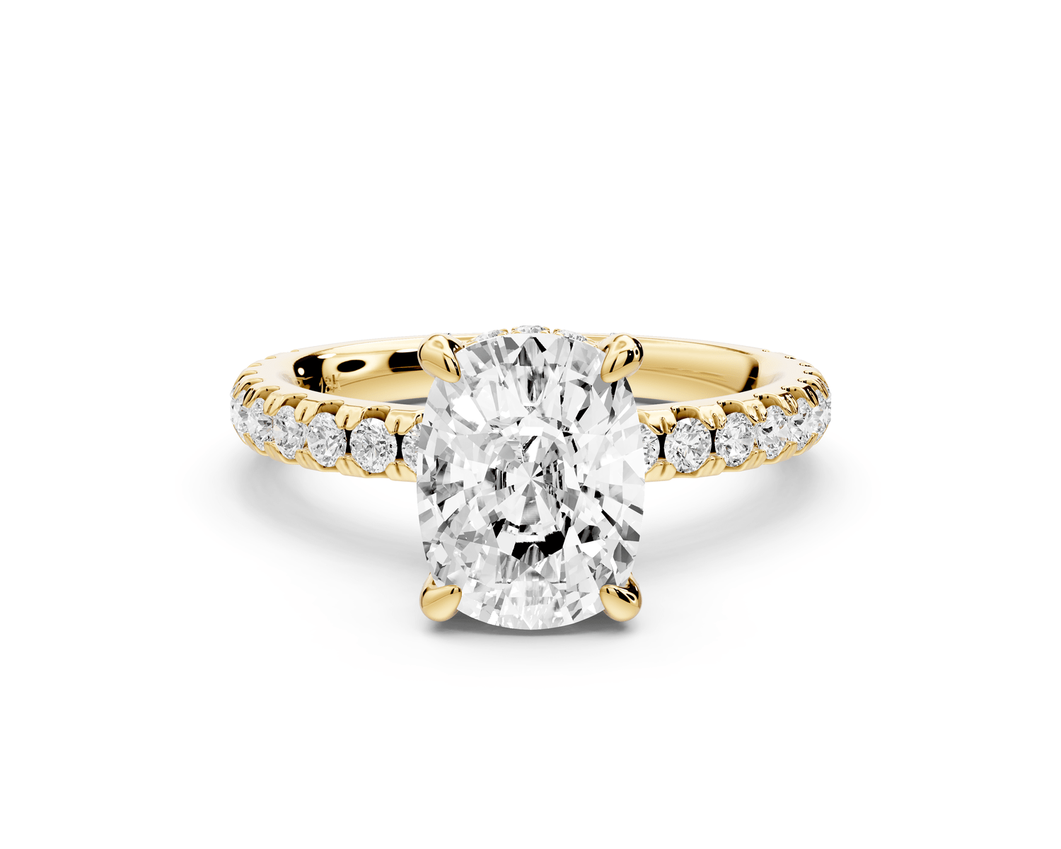 Jade - 2ct 18k yellow gold ecushion hidden halo diamond crown and bridge pavé engagement ring - Mr. Alex Jewelry