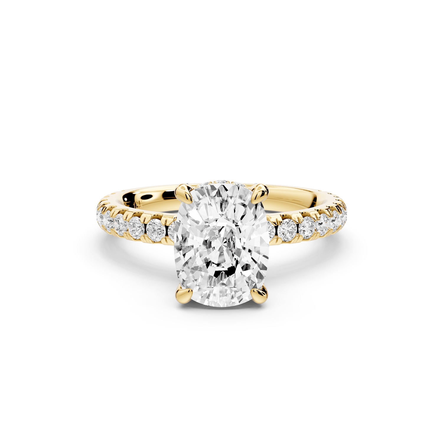 Jade - 2ct 18k yellow gold ecushion hidden halo diamond crown and bridge pavé engagement ring - Mr. Alex Jewelry