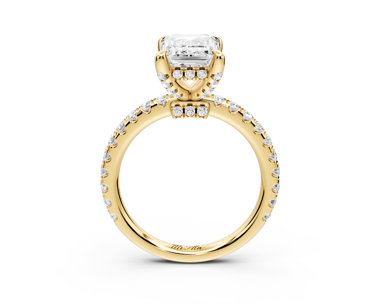 Jade - 2ct 18k yellow gold emerald hidden halo diamond crown and bridge pavé engagamnet ring - Mr. Alex Jewelry