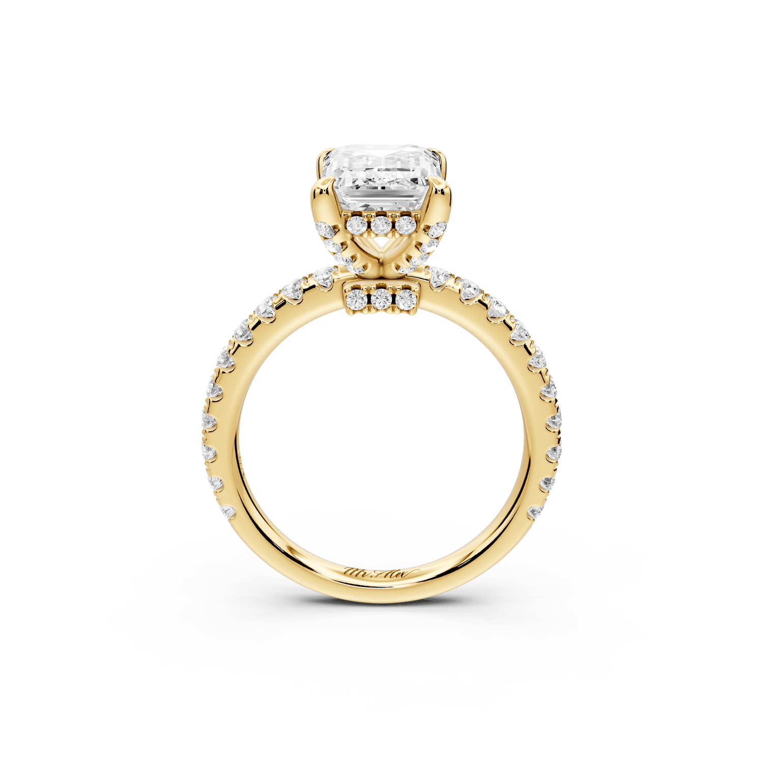 Jade - 2ct 18k yellow gold emerald hidden halo diamond crown and bridge pavé engagamnet ring - Mr. Alex Jewelry