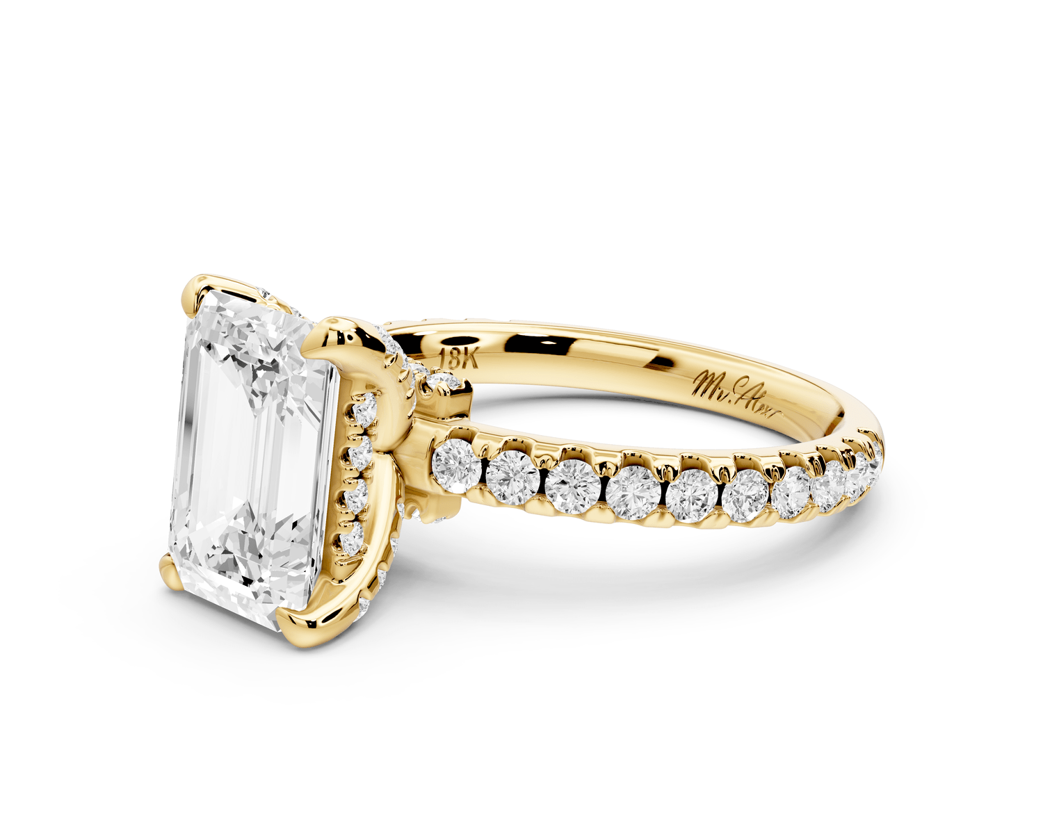 Jade - 2ct 18k yellow gold emerald hidden halo diamond crown and bridge pavé engagamnet ring - Mr. Alex Jewelry