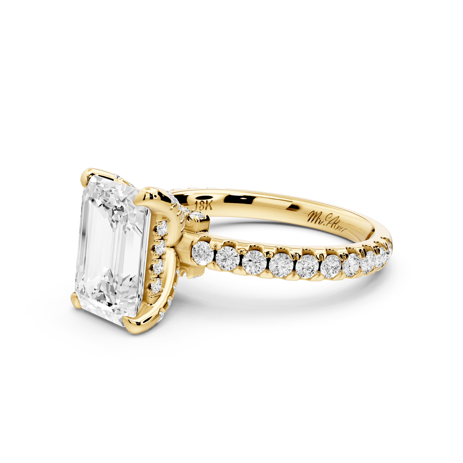 Jade - 2ct 18k yellow gold emerald hidden halo diamond crown and bridge pavé engagamnet ring - Mr. Alex Jewelry