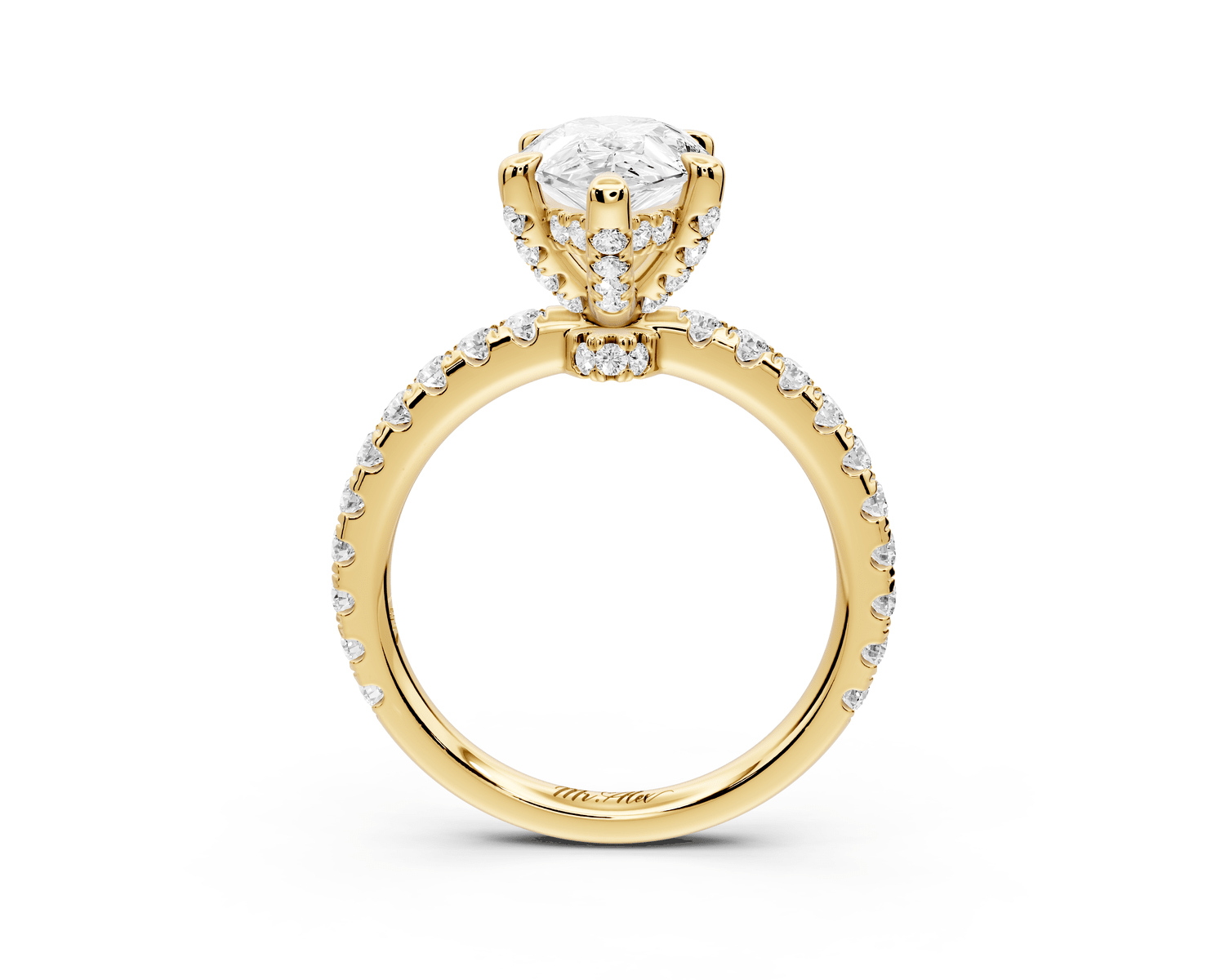 Jade - 2ct 18k yellow gold pear hidden halo diamond crown and bridge pavé engagamnet ring - Mr. Alex Jewelry