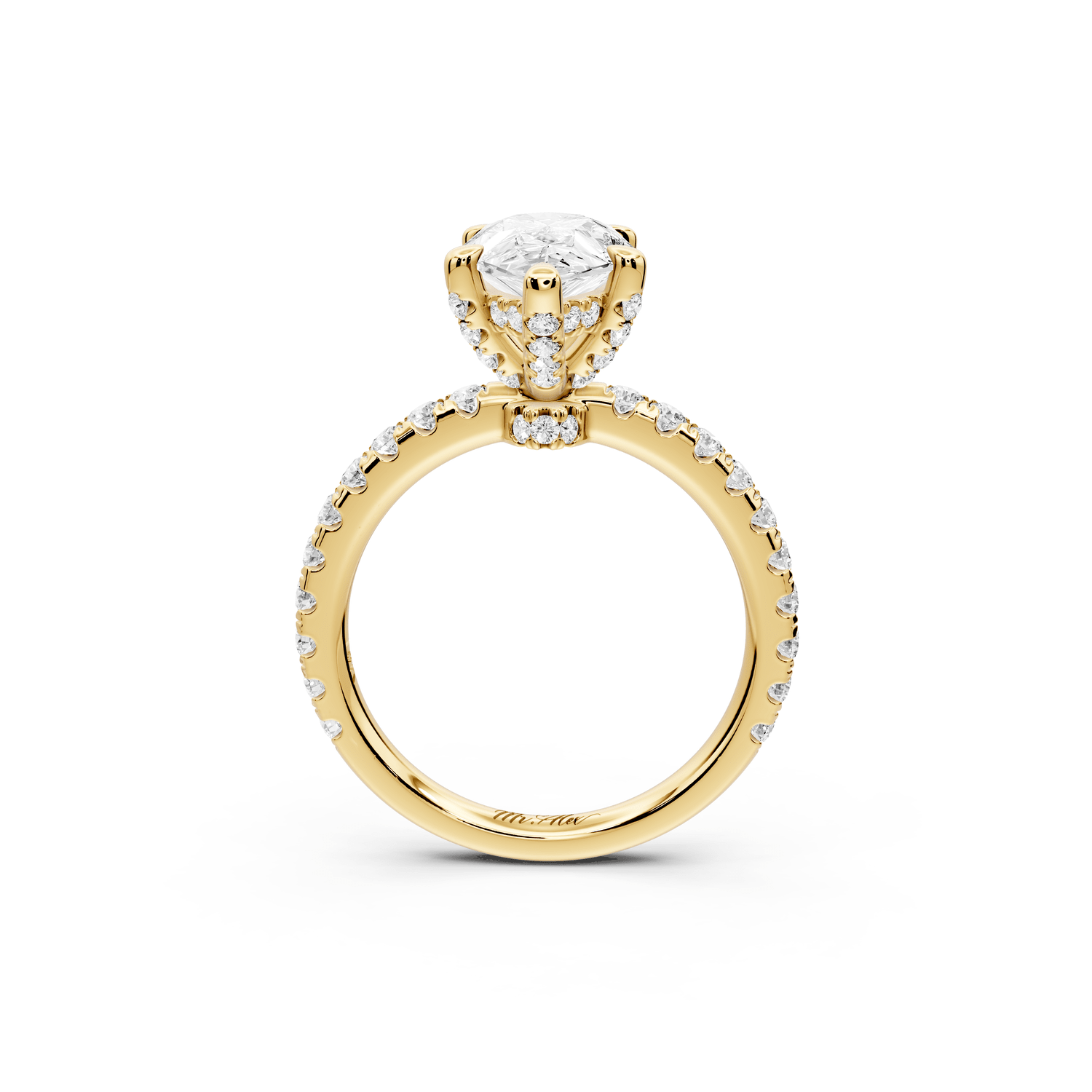 Jade - 2ct 18k yellow gold pear hidden halo diamond crown and bridge pavé engagamnet ring - Mr. Alex Jewelry