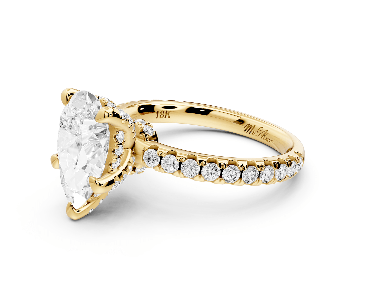 Jade - 2ct 18k yellow gold pear hidden halo diamond crown and bridge pavé engagamnet ring - Mr. Alex Jewelry