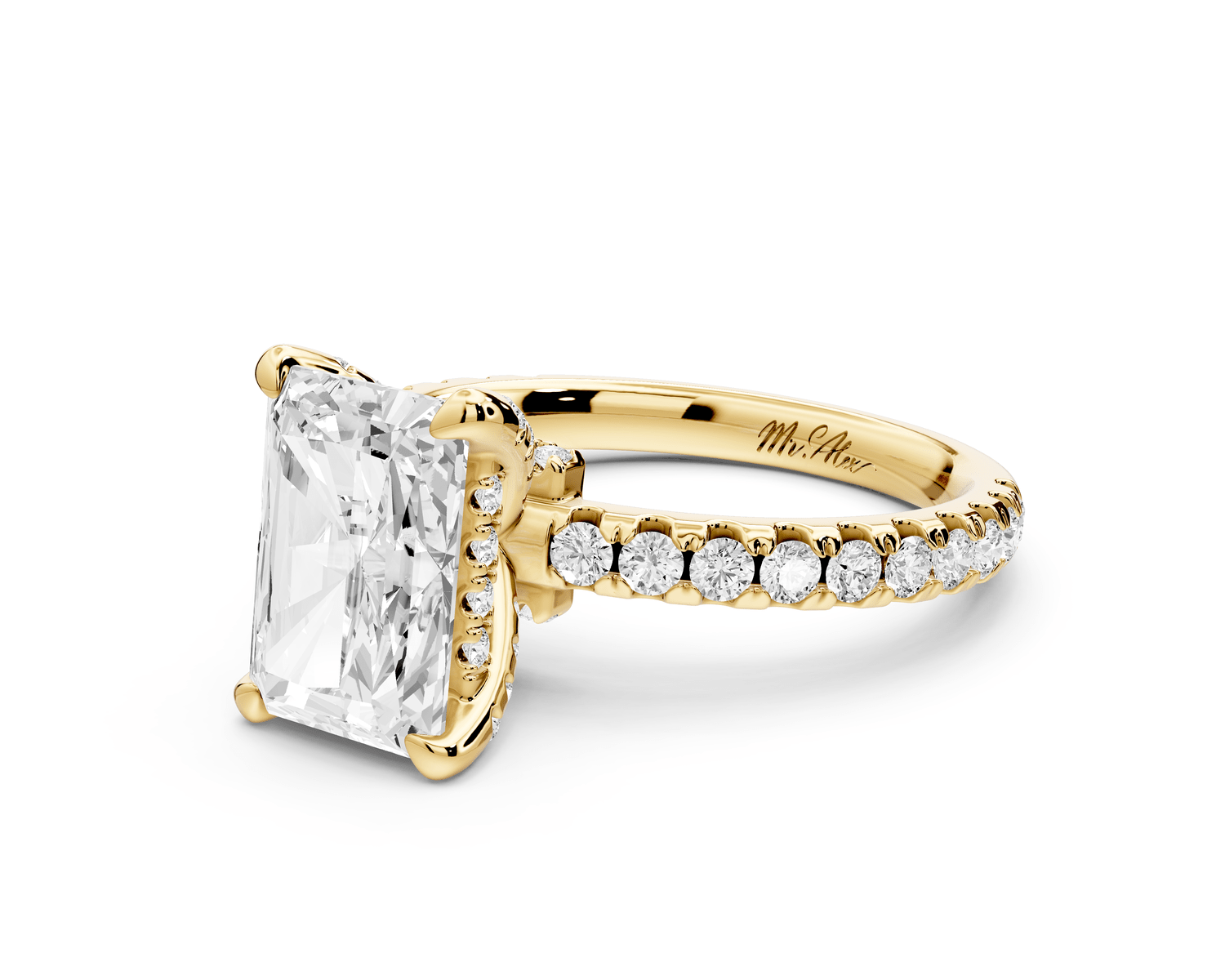 Jade - 2ct 18k yellow gold radiant hidden halo diamond crown and bridge pavé engagement ring - Mr. Alex Jewelry