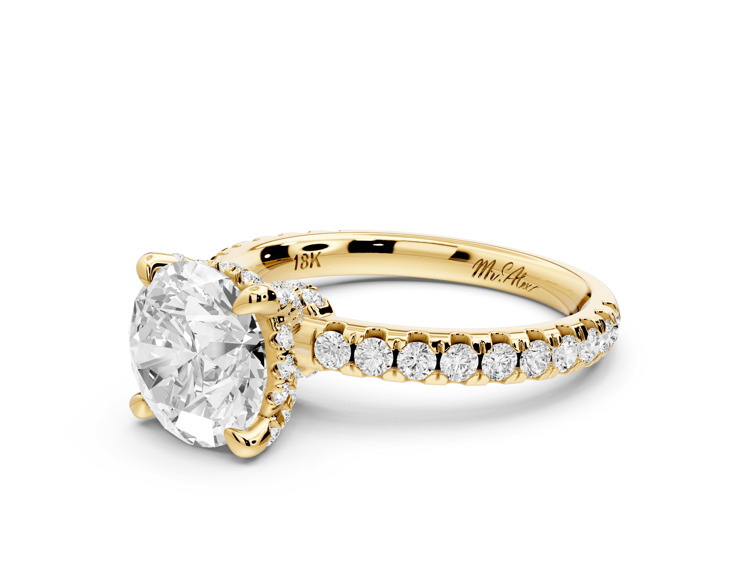 Jade - 2ct 18k yellow gold round hidden halo diamond crown and bridge pavé engagamnet ring - Mr. Alex Jewelry