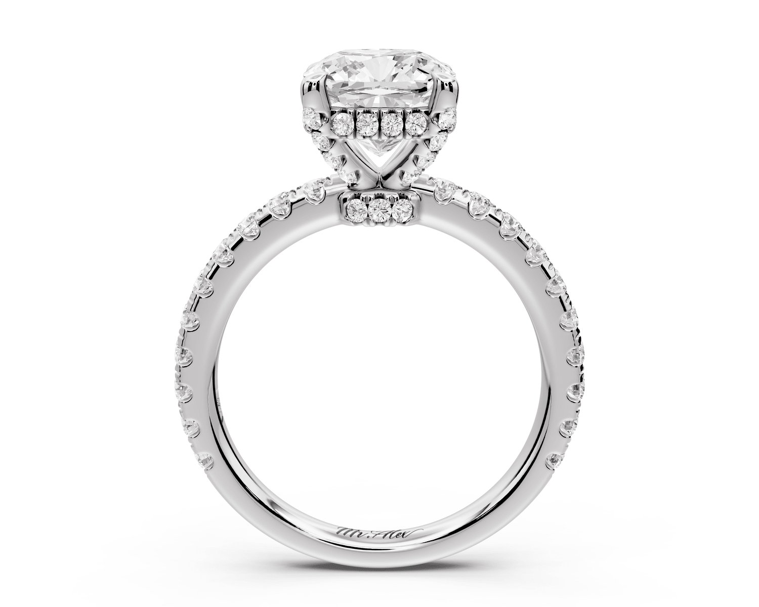 Jade - 2ct platinum cushion hidden halo diamond crown and bridge pavé engagement ring - Mr. Alex Jewelry