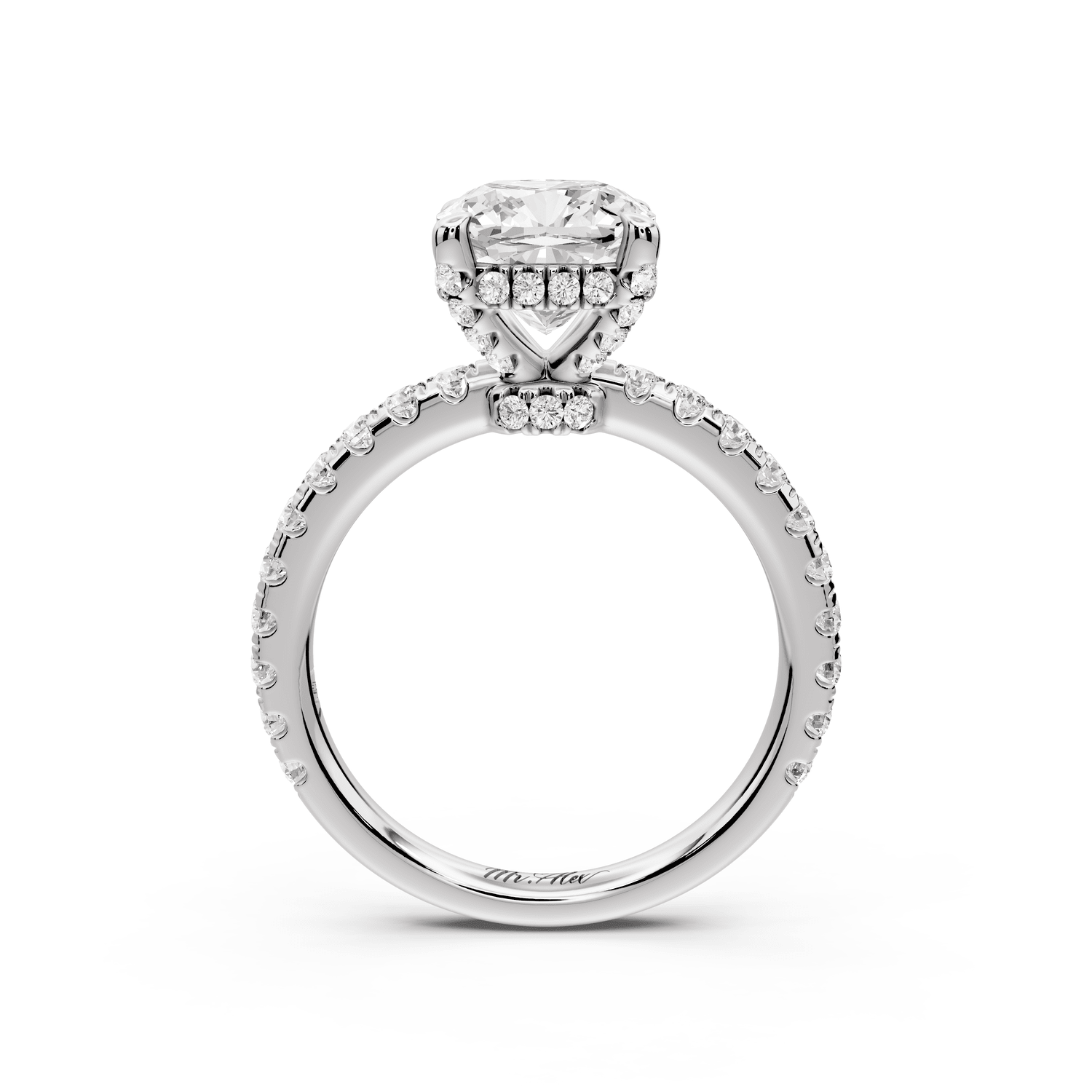 Jade - 2ct platinum cushion hidden halo diamond crown and bridge pavé engagement ring - Mr. Alex Jewelry