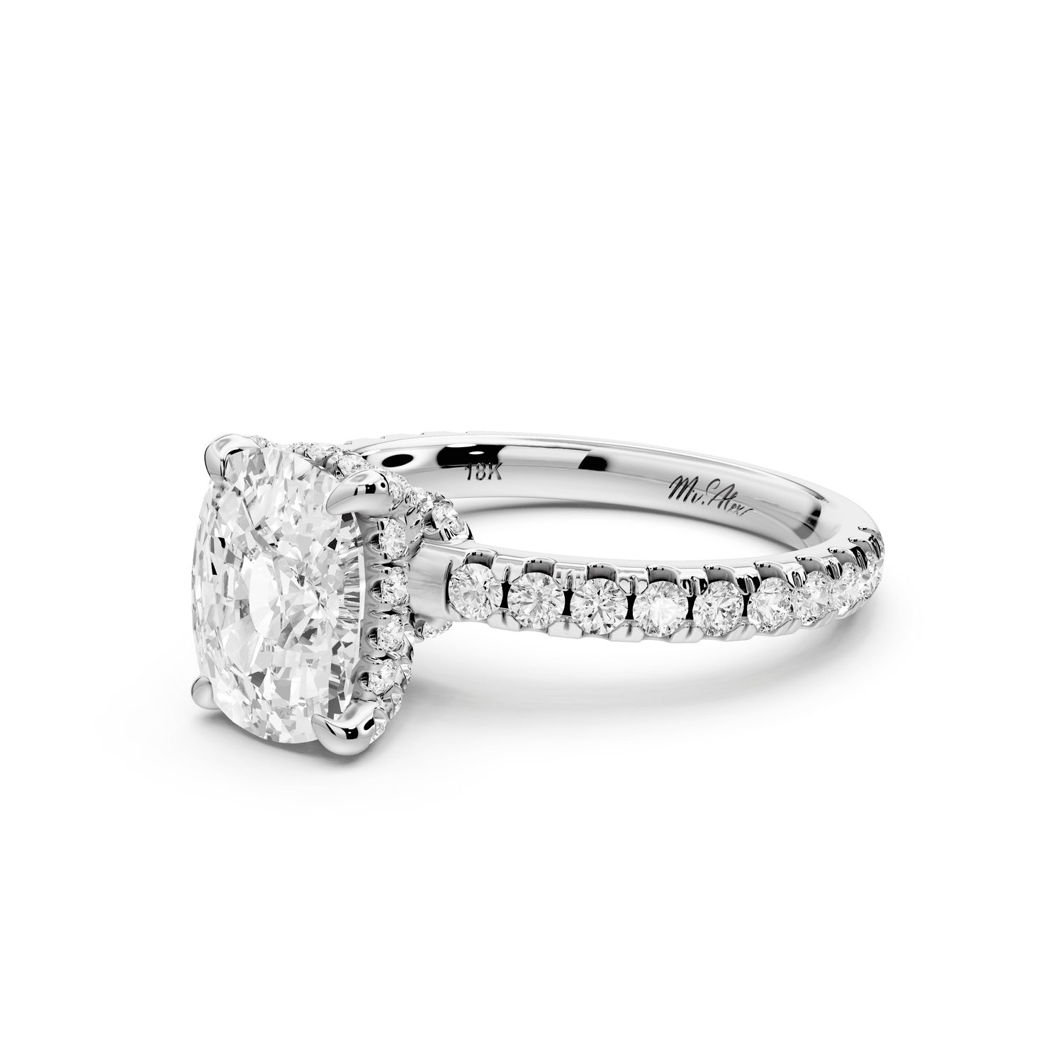 Jade - 2ct platinum ecushion hidden halo diamond crown and bridge pavé engagement ring - Mr. Alex Jewelry