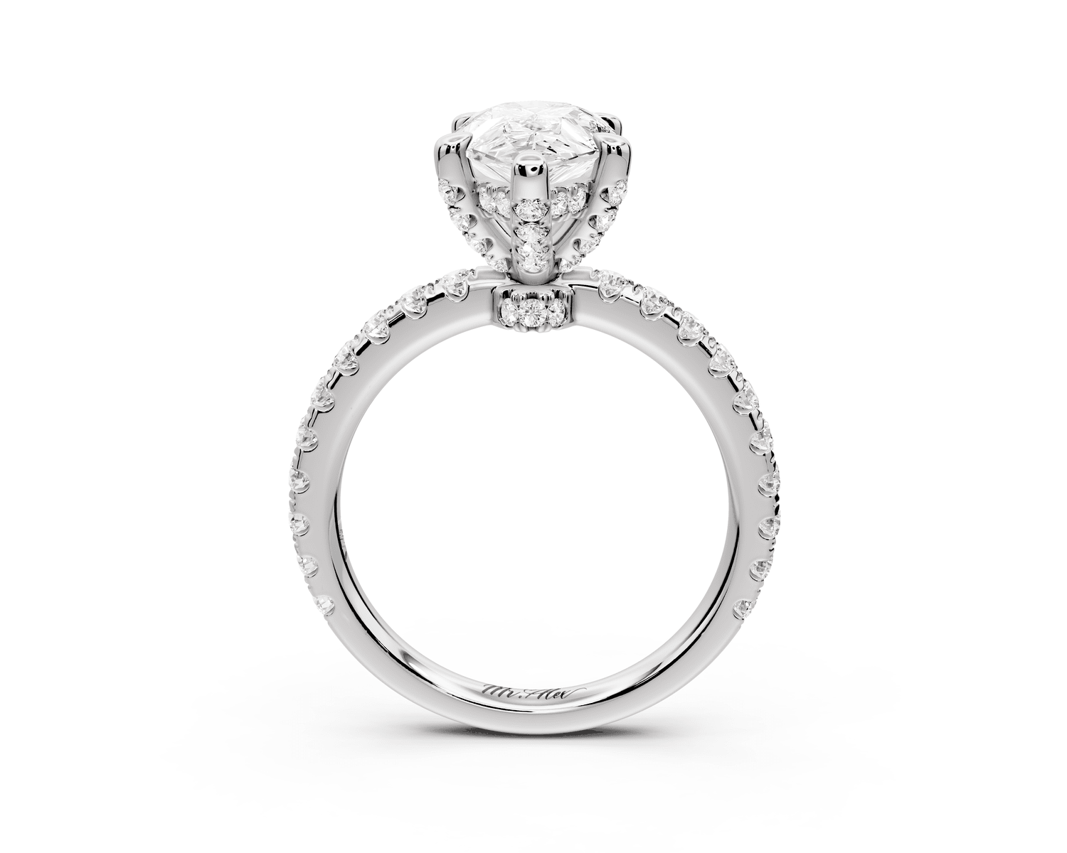 Jade - 2ct platinum pear hidden halo diamond crown and bridge pavé engagamnet ring - Mr. Alex Jewelry