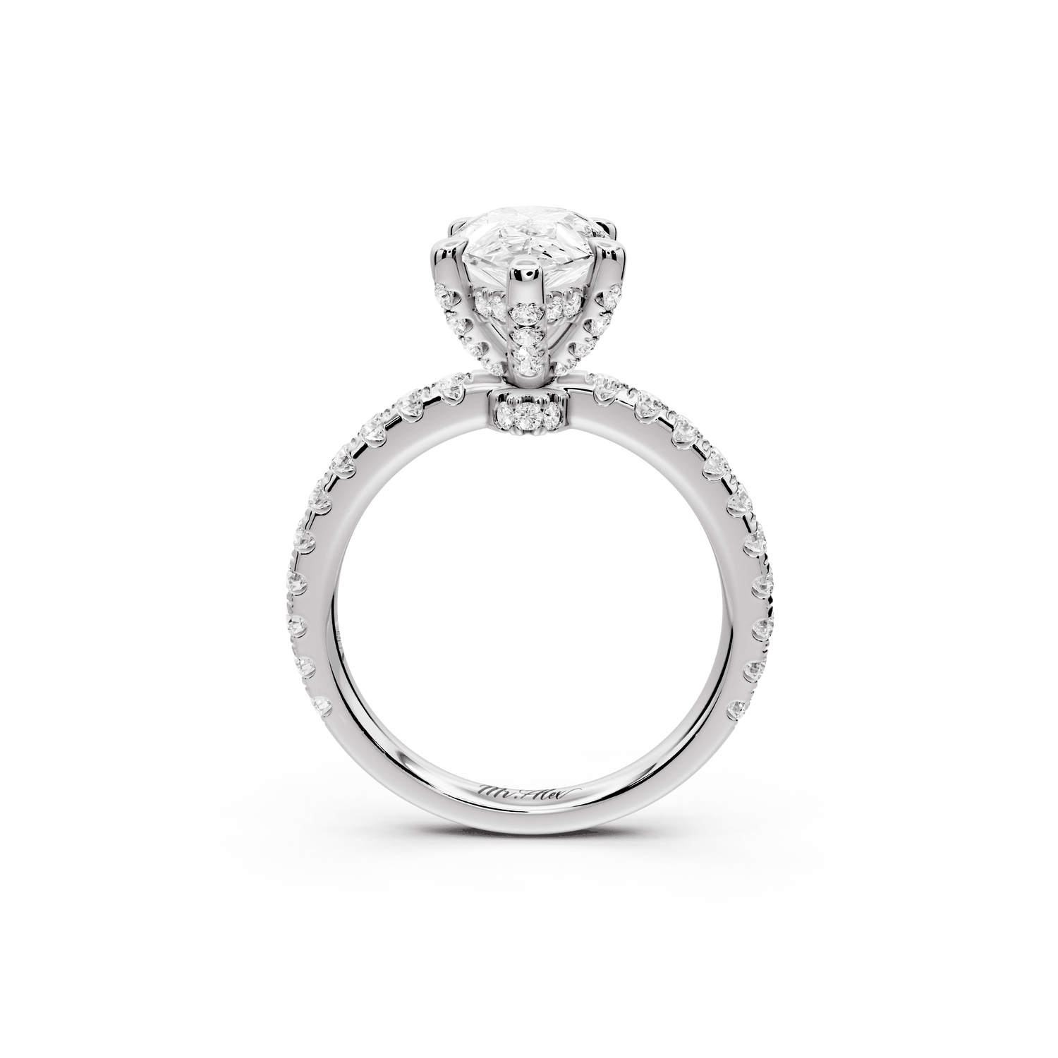 Jade - 2ct platinum pear hidden halo diamond crown and bridge pavé engagamnet ring - Mr. Alex Jewelry