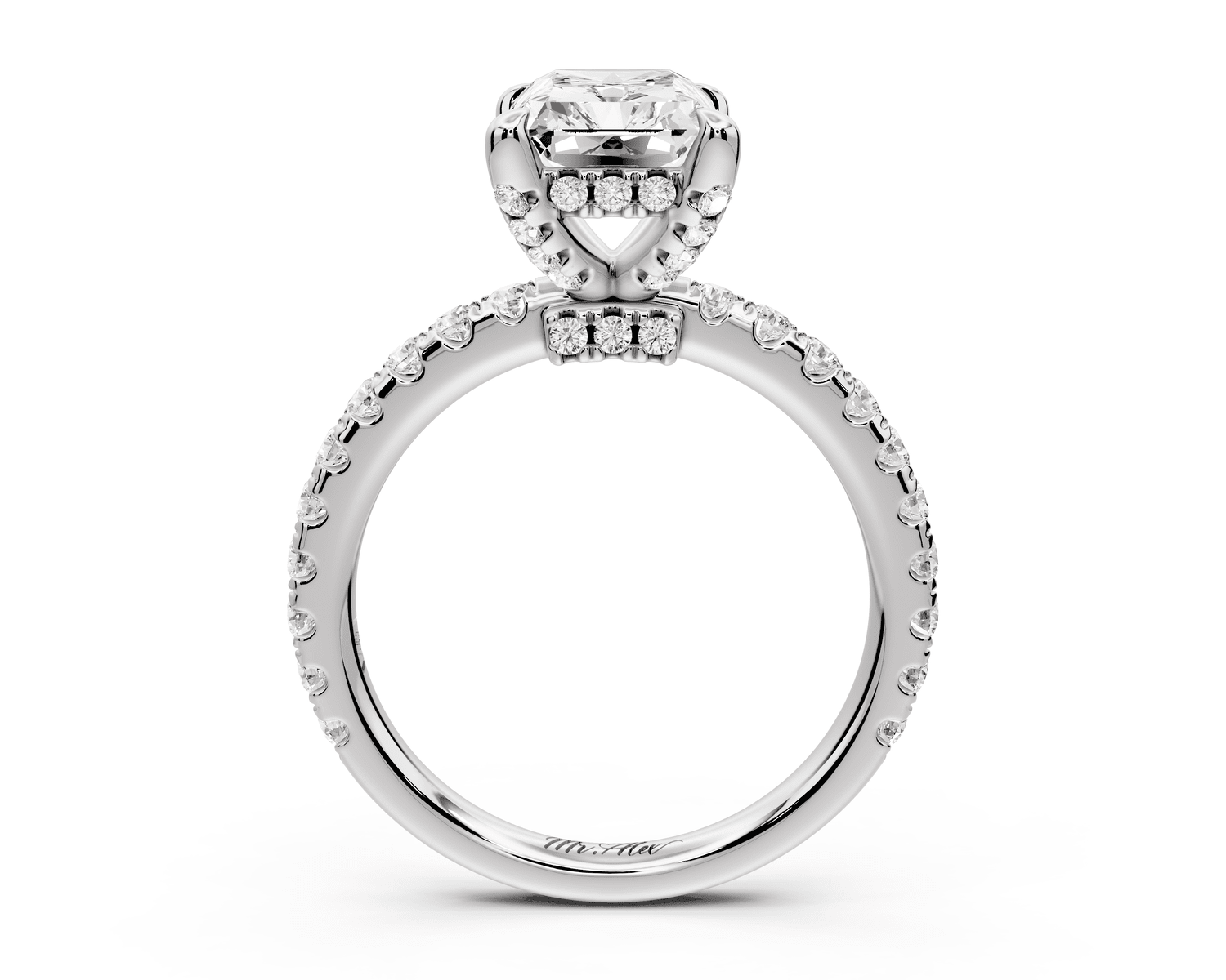 Jade - 2ct platinum radiant hidden halo diamond crown and bridge pavé engagement ring - Mr. Alex Jewelry