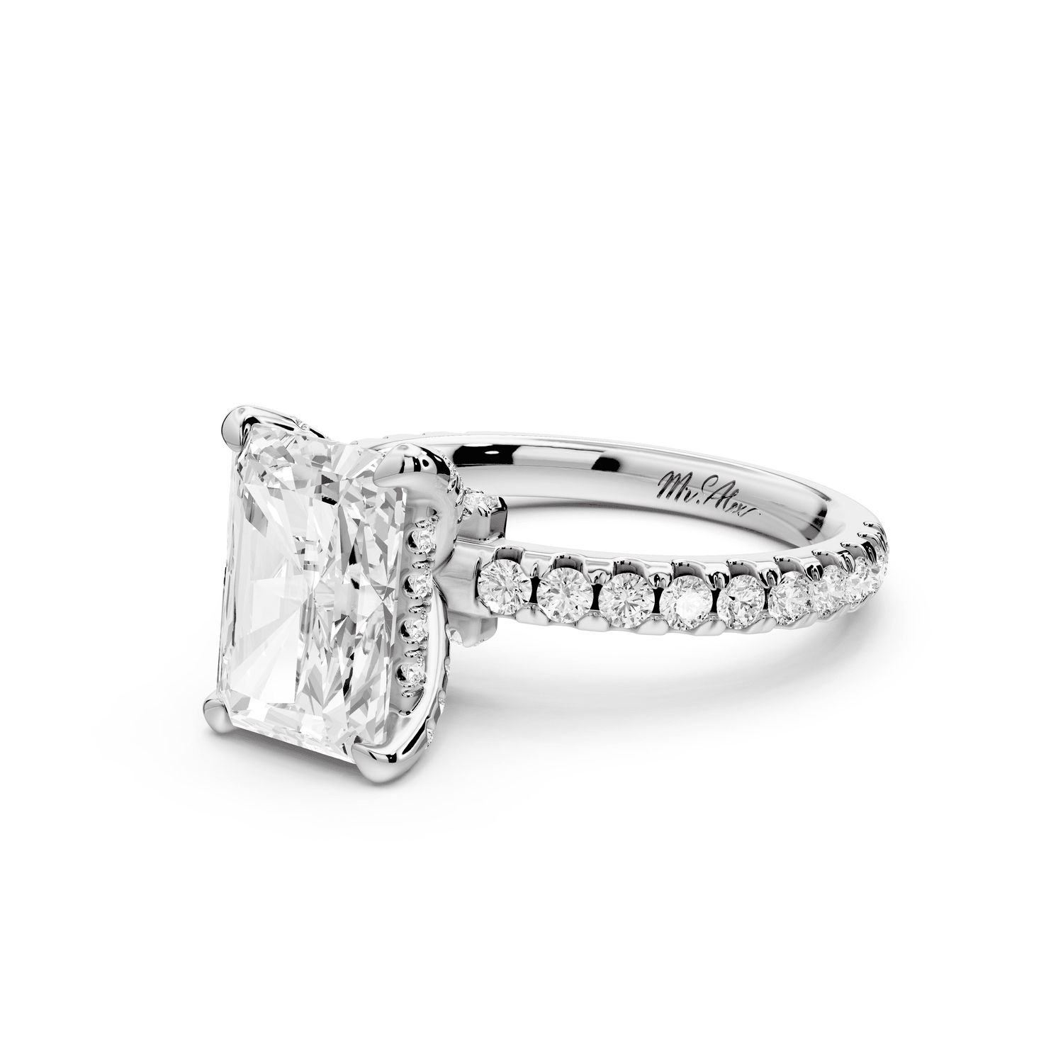 Jade - 2ct platinum radiant hidden halo diamond crown and bridge pavé engagement ring - Mr. Alex Jewelry