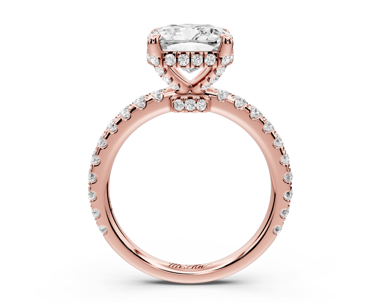 Jade - 3ct 14k rose gold cushion hidden halo diamond crown and bridge pavé engagement ring - Mr. Alex Jewelry